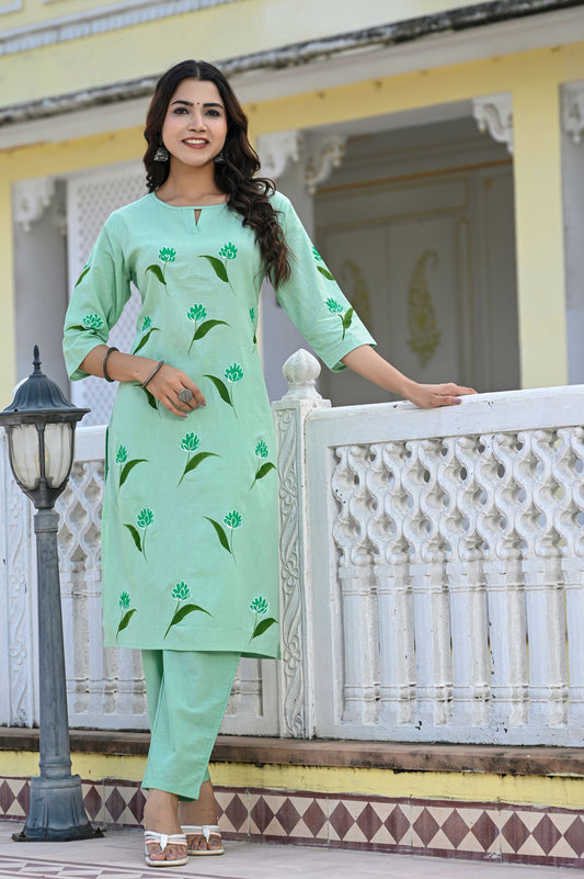Cotton Seafoam Green Hand Brush Painted Kurta & Pant Sets