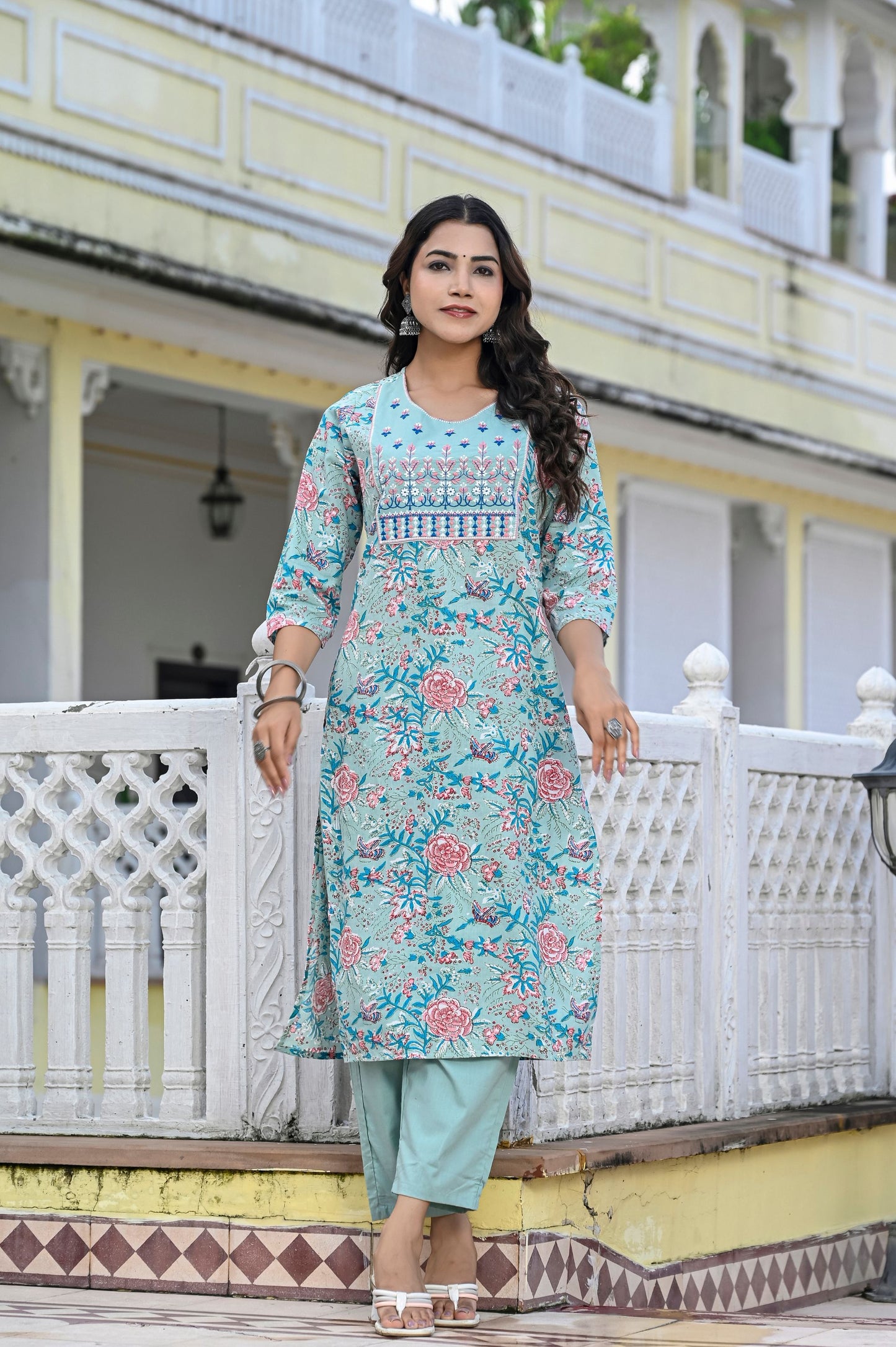 Jaipuri Printed Floral Pure Cotton Readymade Kurta & Pant Set