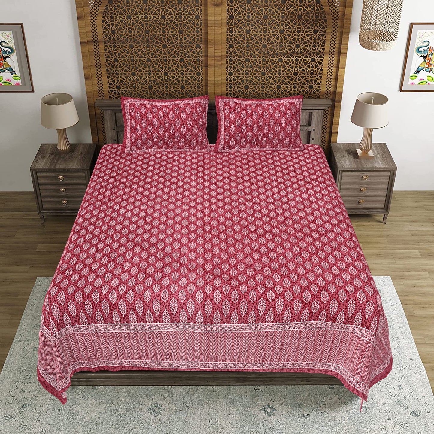 Blossom Butti Maroon King Size 100% Cotton Bedsheets