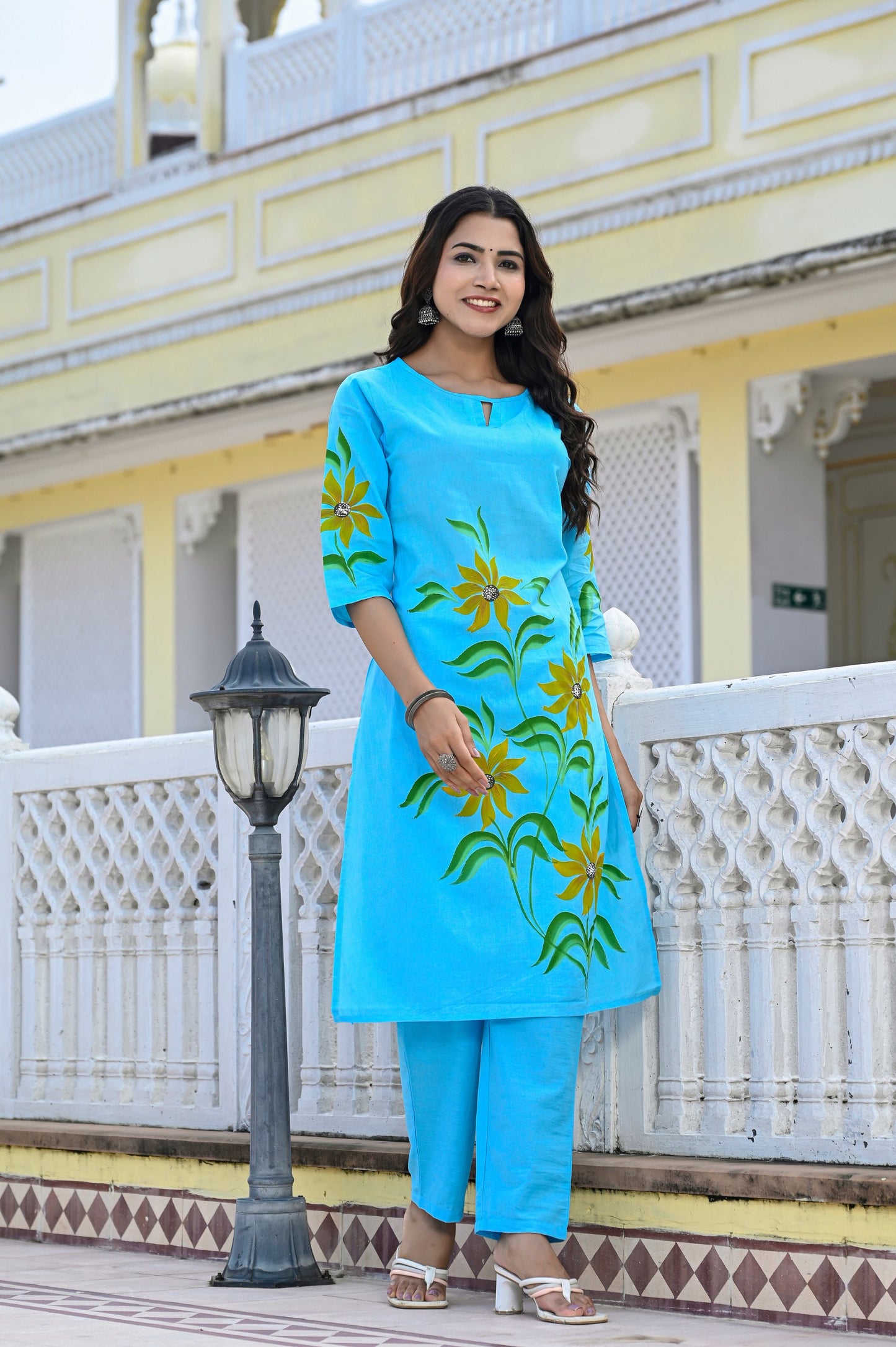 Cotton Ocean Blue Hand Brush Painted Kurta & Pant Sets
