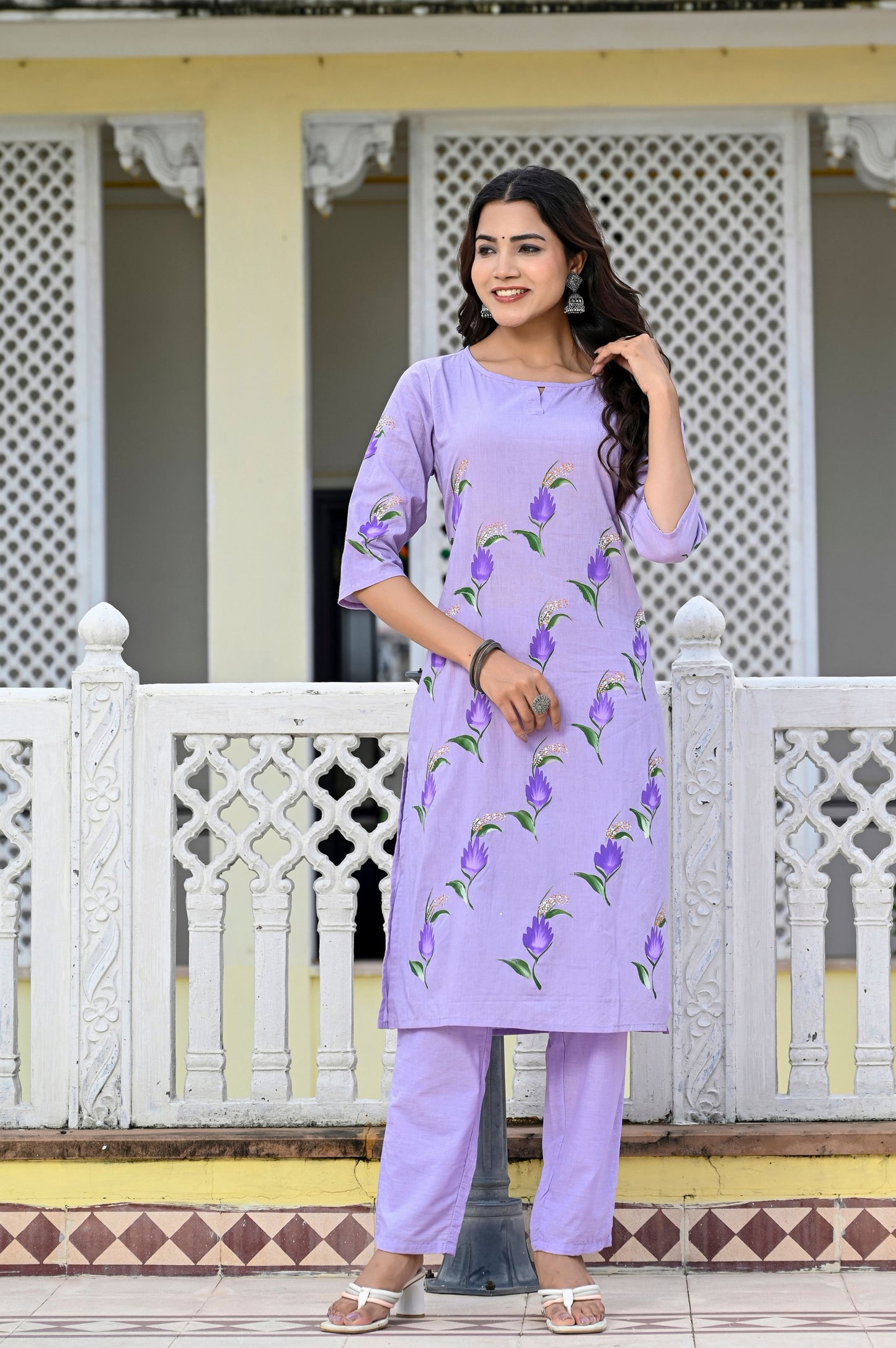 Cotton Lavender Blue Hand Brush Painted Kurta & Pant Sets