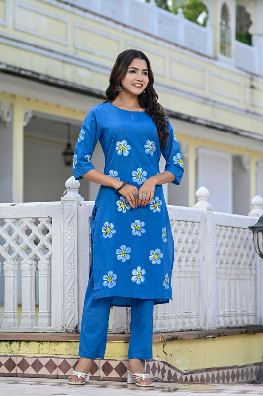 Cotton Saphire Blue Hand Brush Painted Kurta & Pant Sets