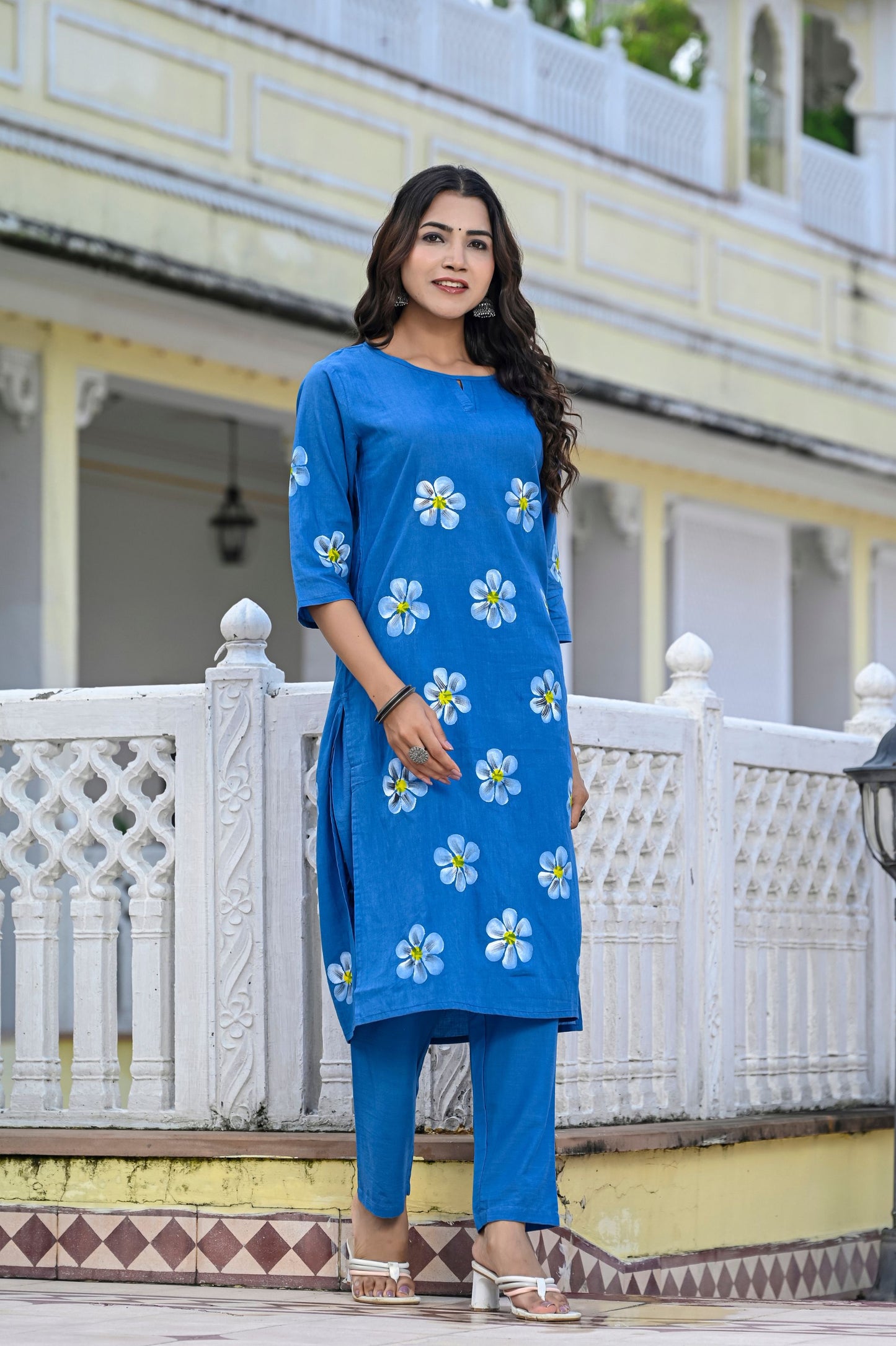 Cotton Saphire Blue Hand Brush Painted Kurta & Pant Sets