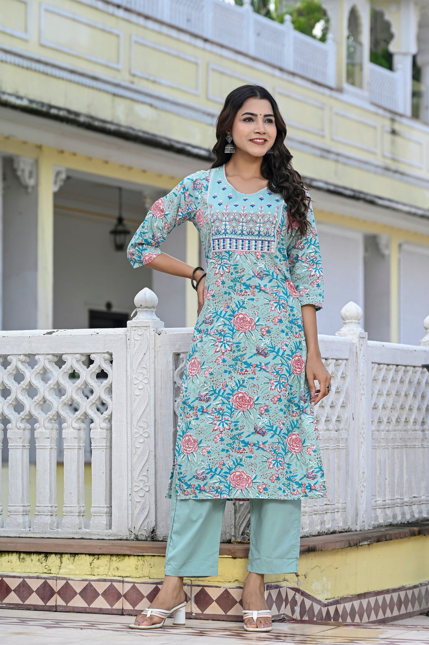 Jaipuri Printed Floral Pure Cotton Readymade Kurta & Pant Set