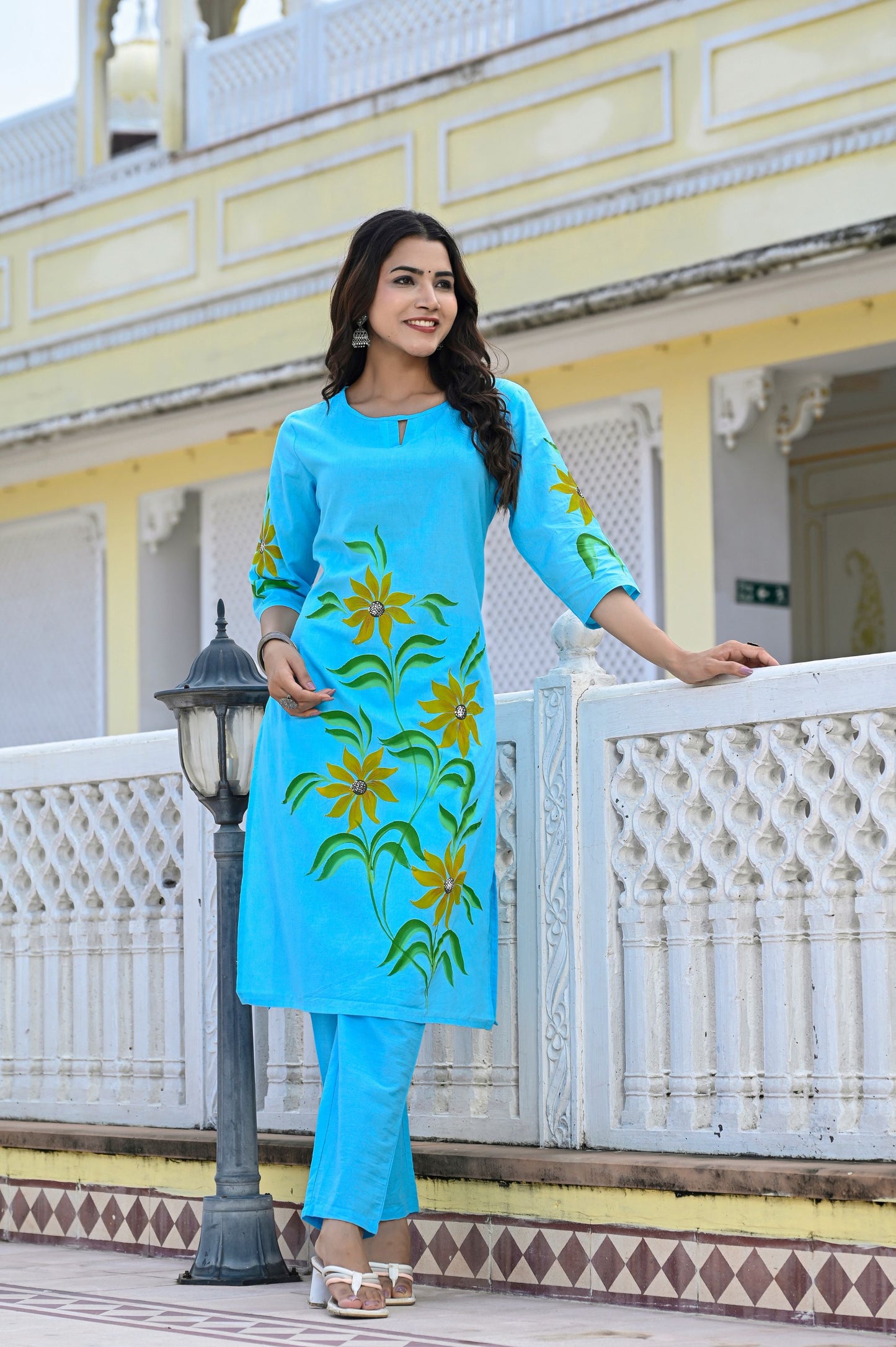 Cotton Ocean Blue Hand Brush Painted Kurta & Pant Sets