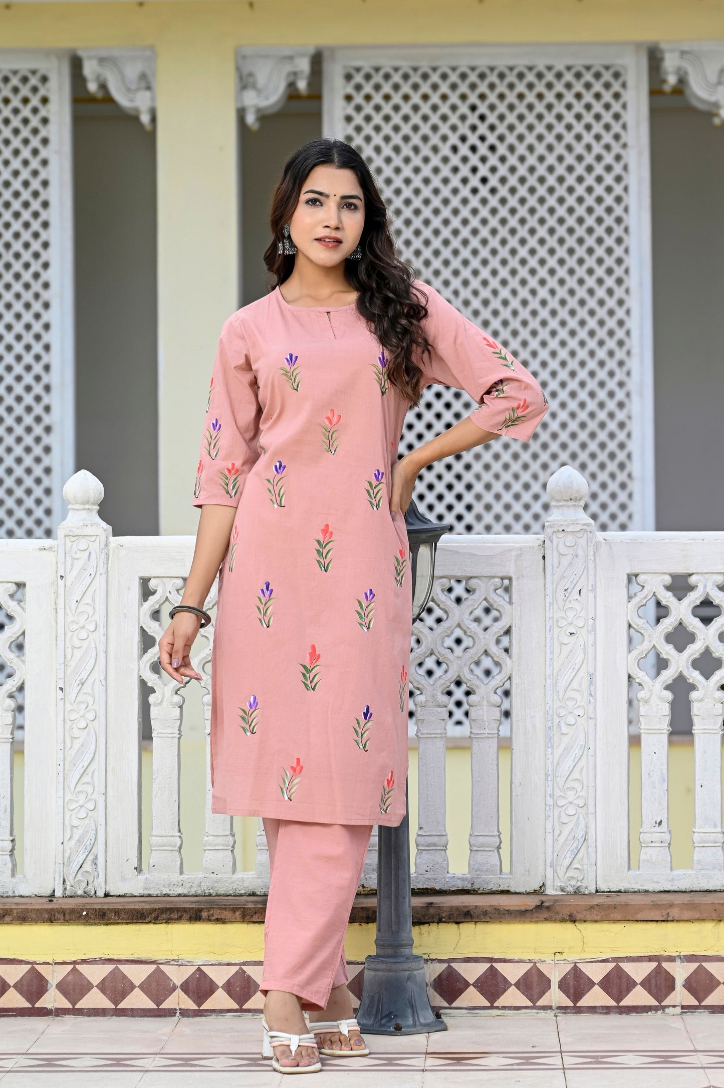 Cotton Peach Bud Hand Brush Painted Kurta & Pant Sets