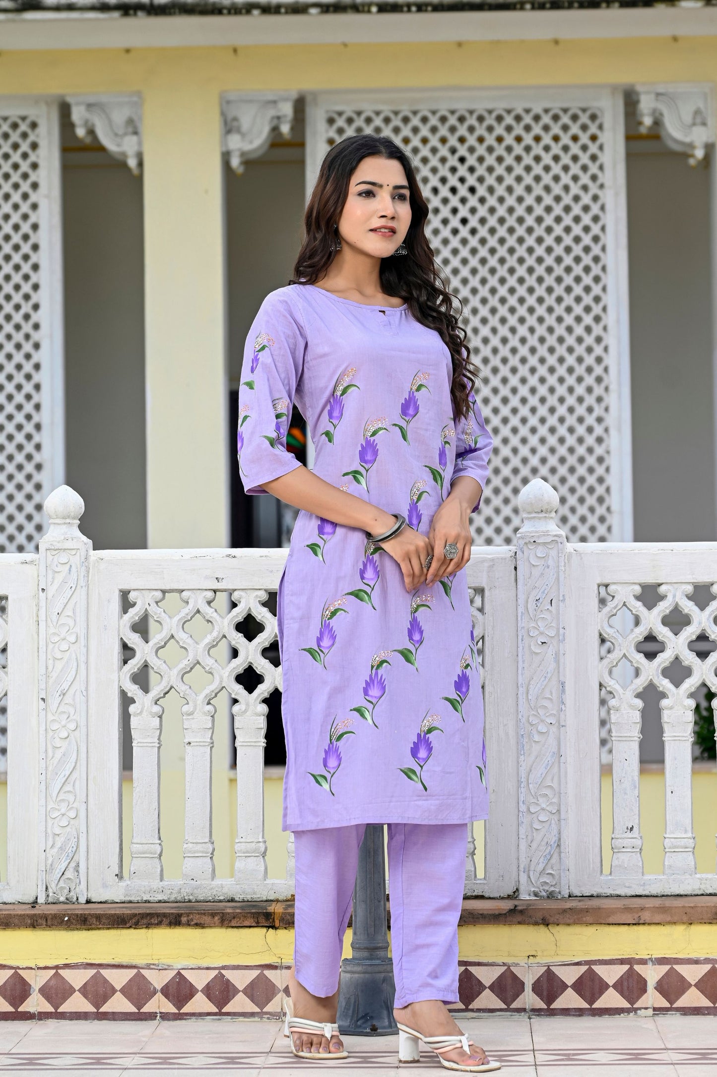 Cotton Lavender Blue Hand Brush Painted Kurta & Pant Sets