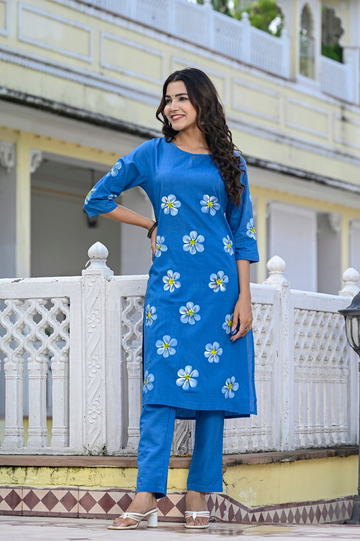 Cotton Saphire Blue Hand Brush Painted Kurta & Pant Sets
