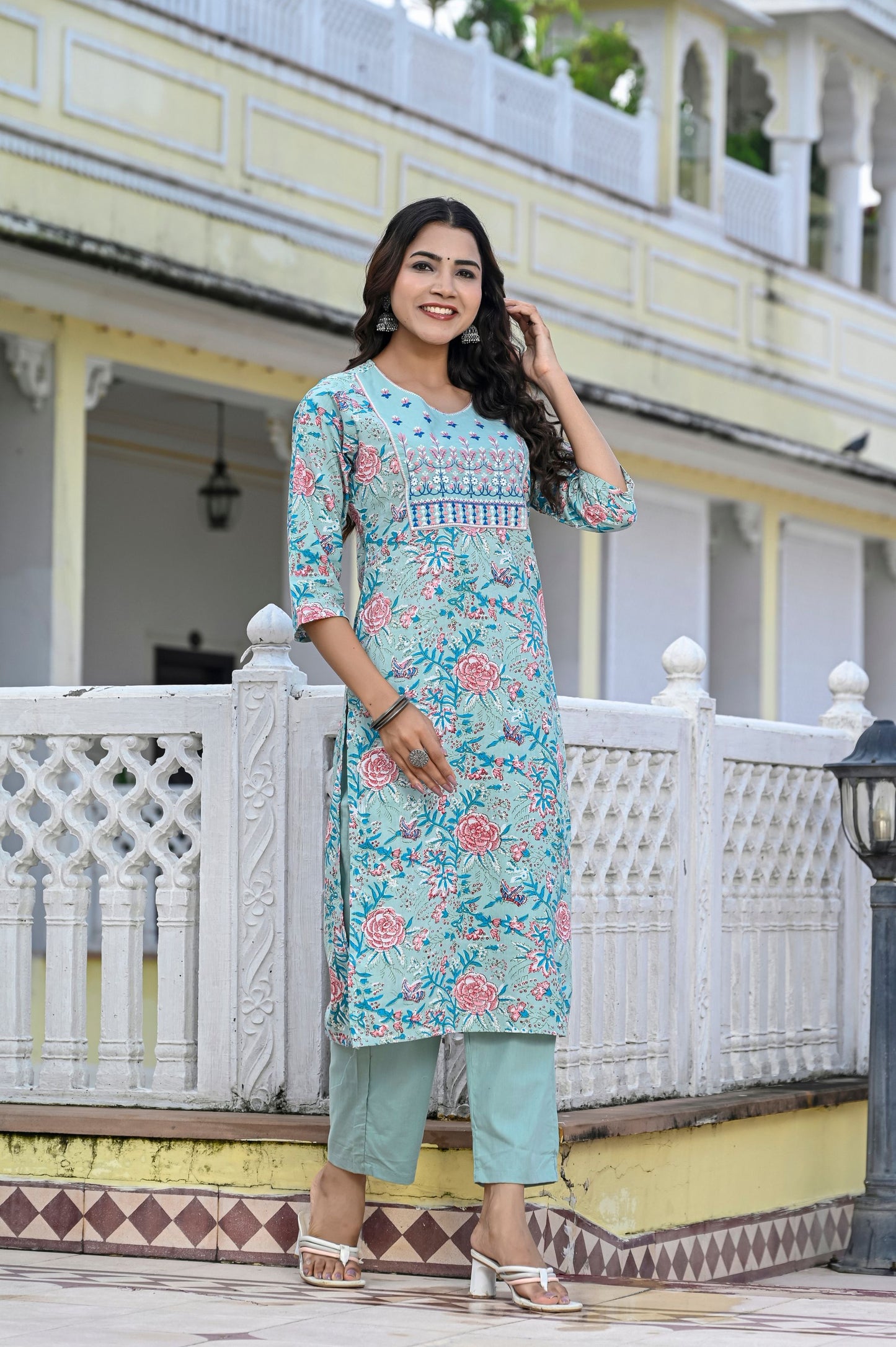 Jaipuri Printed Floral Pure Cotton Readymade Kurta & Pant Set