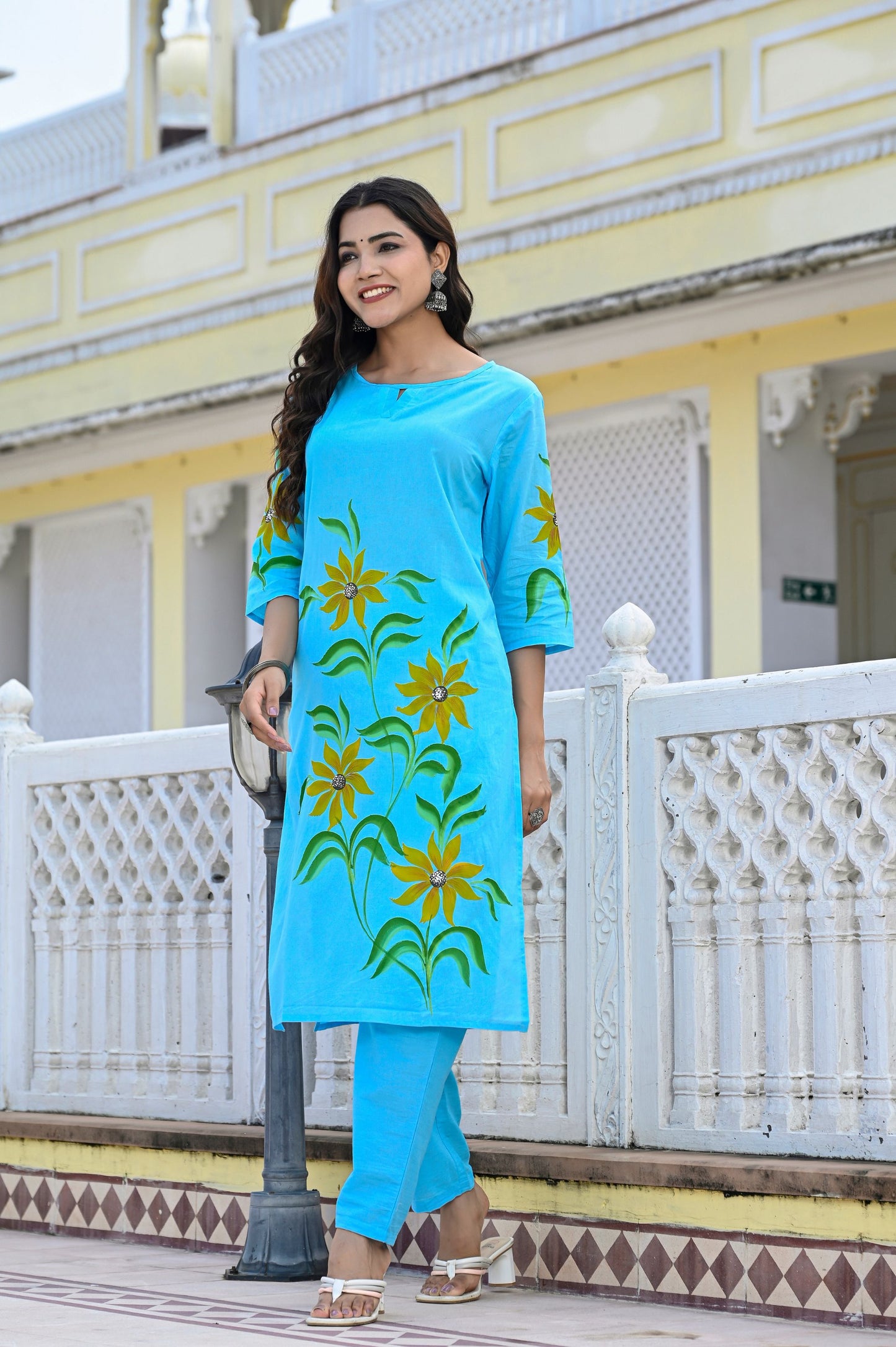 Cotton Ocean Blue Hand Brush Painted Kurta & Pant Sets