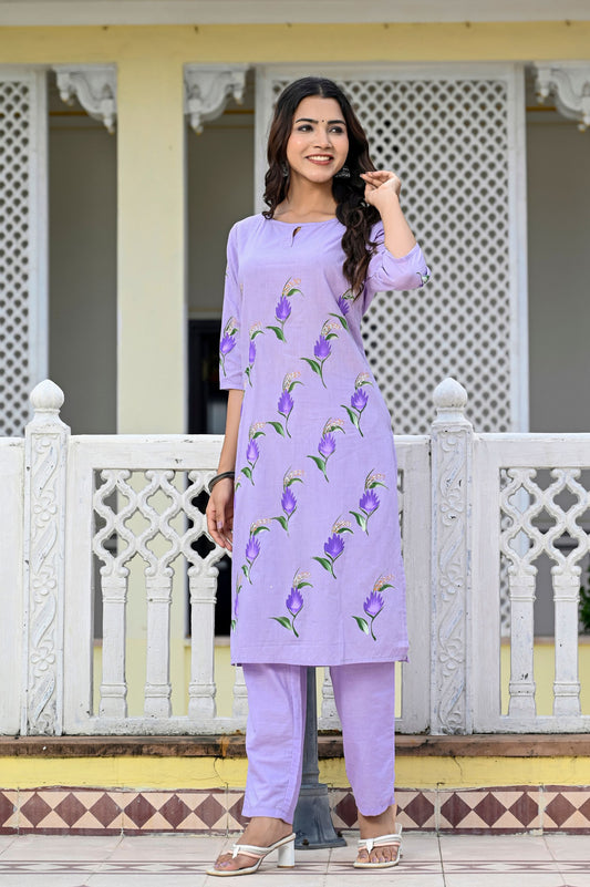 Cotton Lavender Blue Hand Brush Painted Kurta & Pant Sets