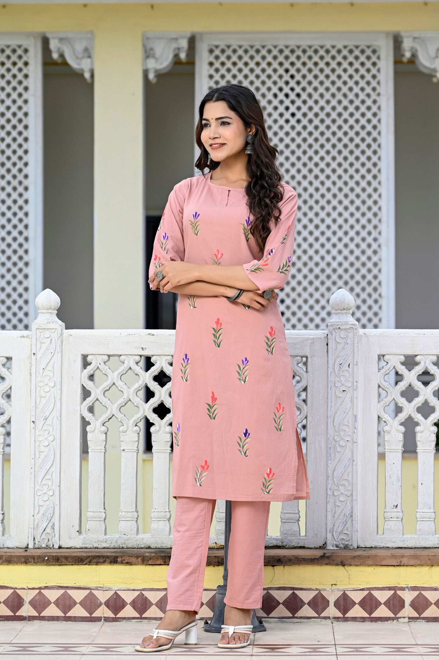 Cotton Peach Bud Hand Brush Painted Kurta & Pant Sets