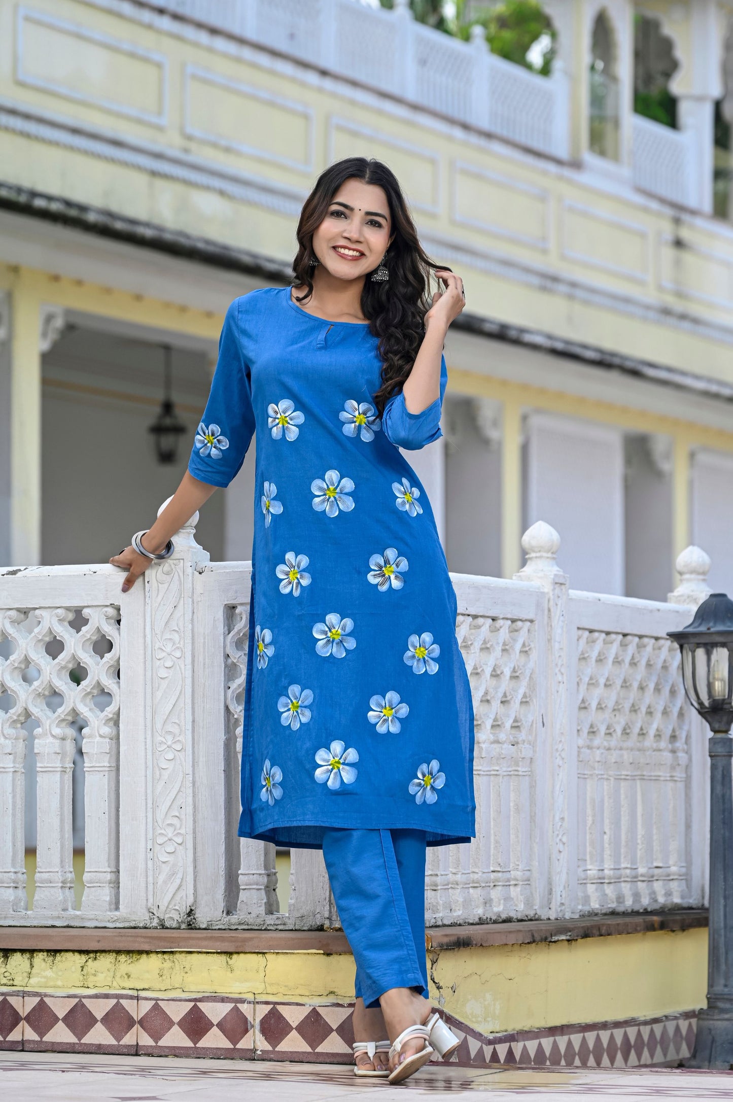 Cotton Saphire Blue Hand Brush Painted Kurta & Pant Sets