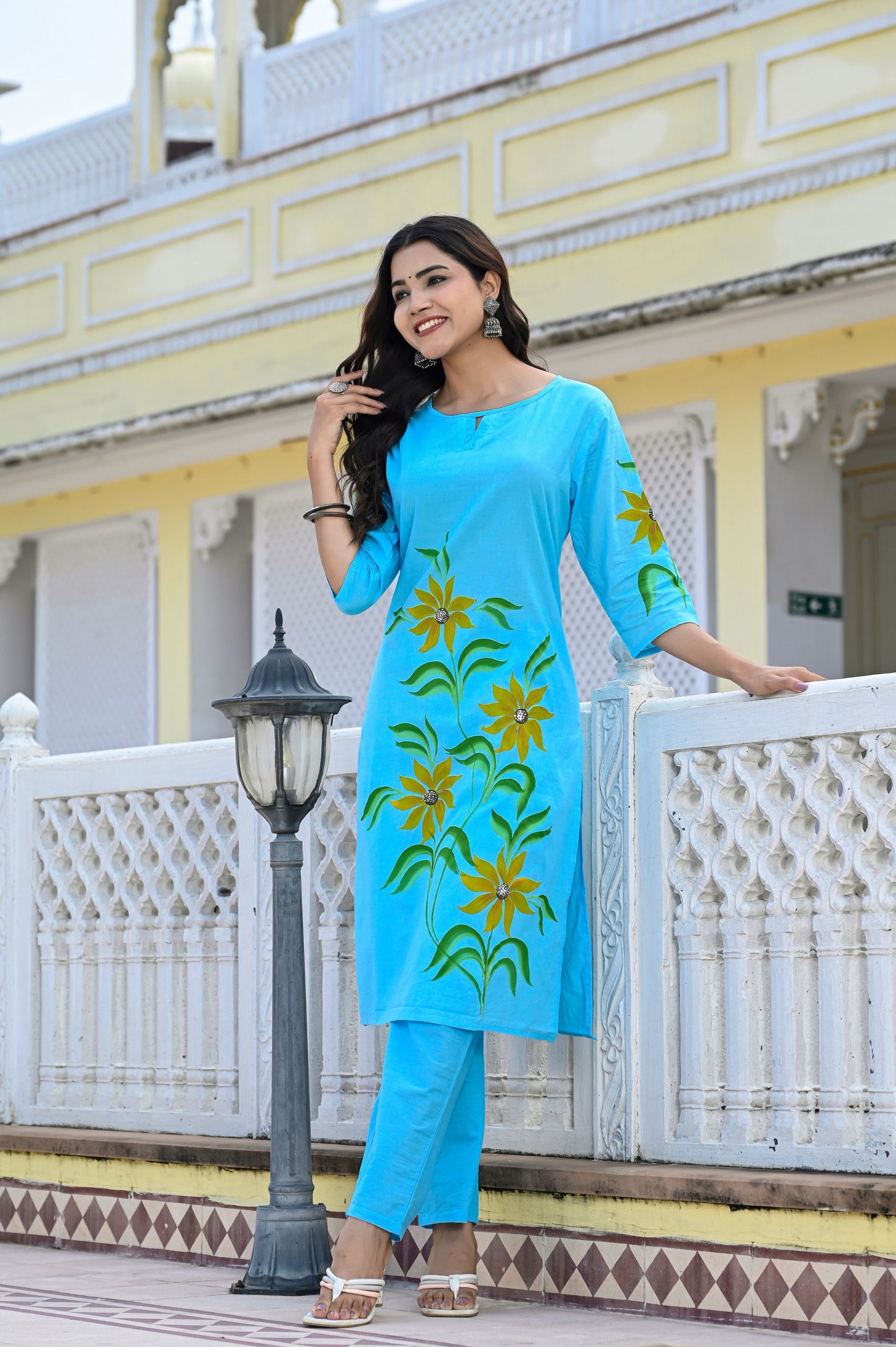 Cotton Ocean Blue Hand Brush Painted Kurta & Pant Sets