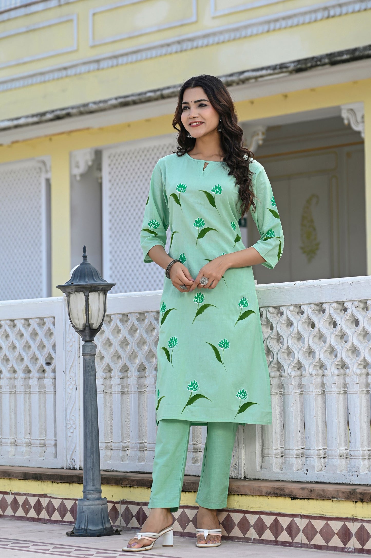 Cotton Seafoam Green Hand Brush Painted Kurta & Pant Sets