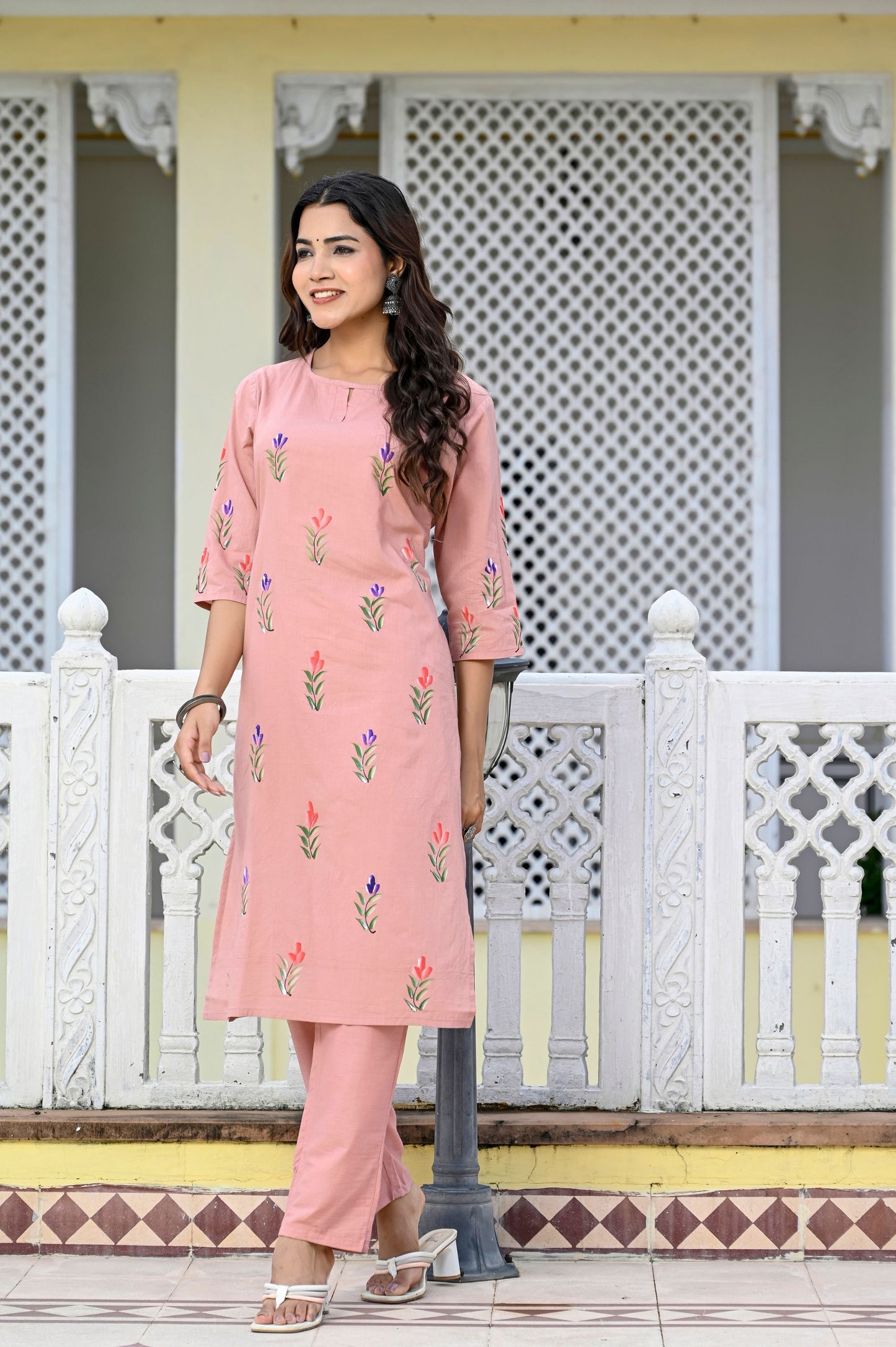 Cotton Peach Bud Hand Brush Painted Kurta & Pant Sets