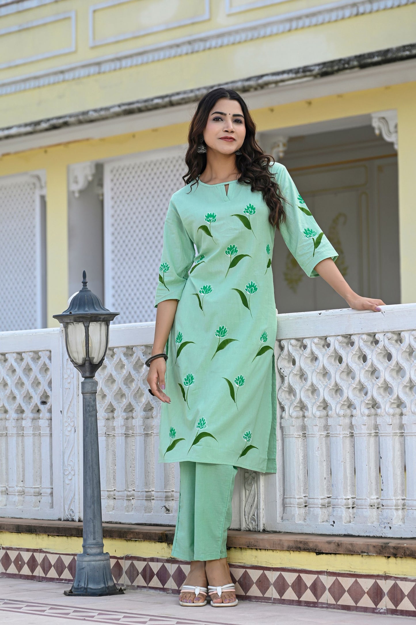 Cotton Seafoam Green Hand Brush Painted Kurta & Pant Sets