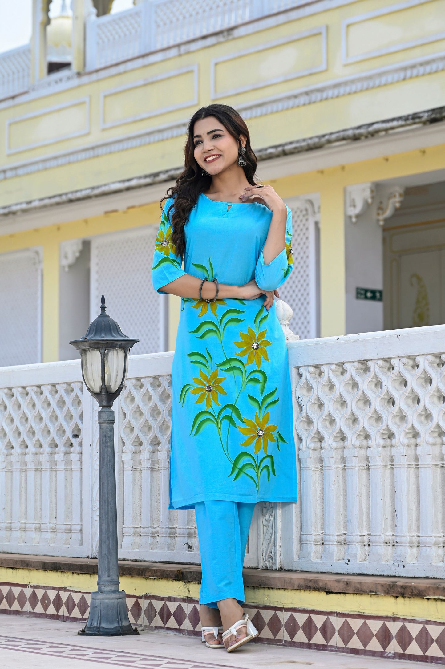 Cotton Ocean Blue Hand Brush Painted Kurta & Pant Sets