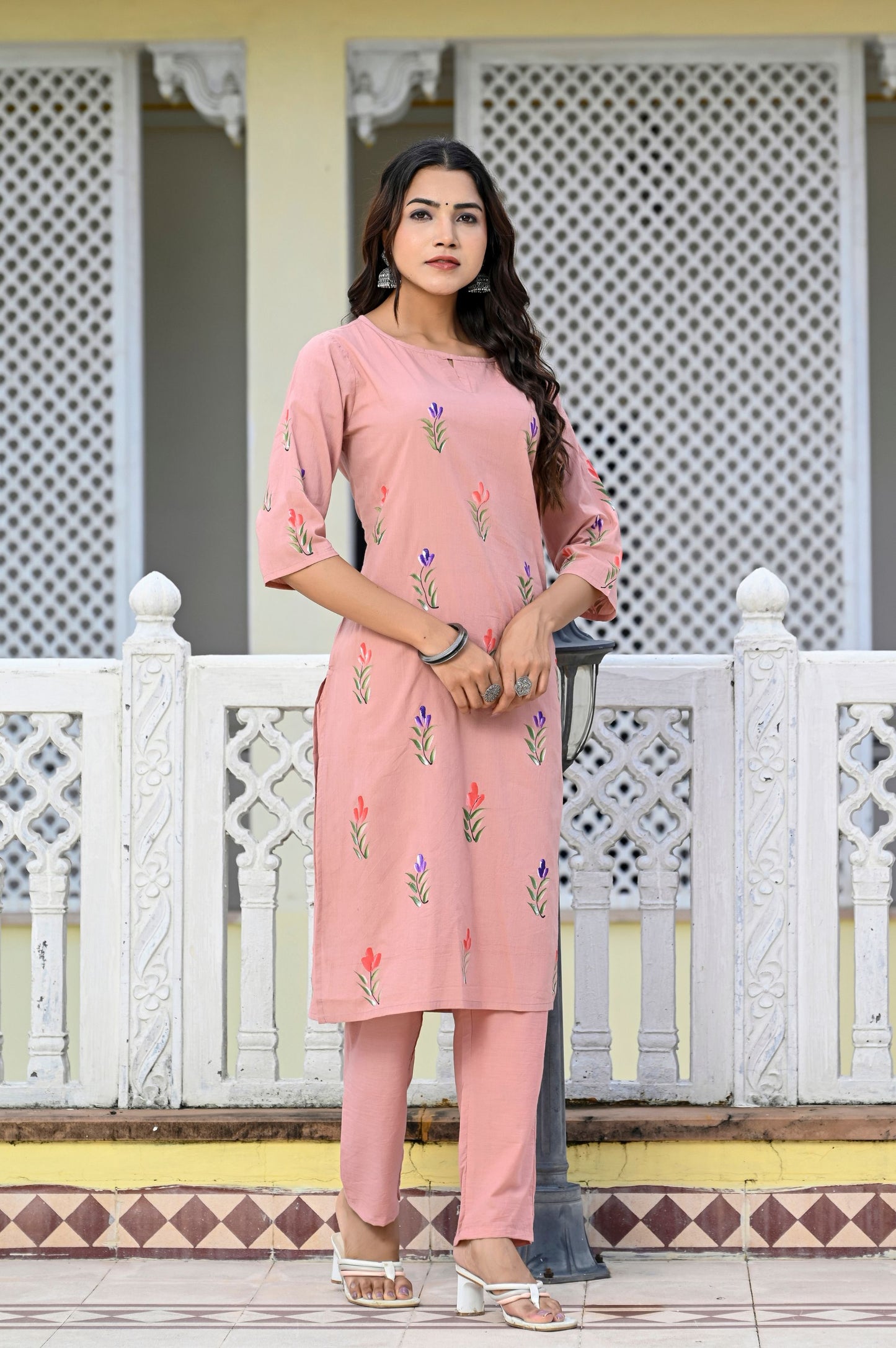 Cotton Peach Bud Hand Brush Painted Kurta & Pant Sets