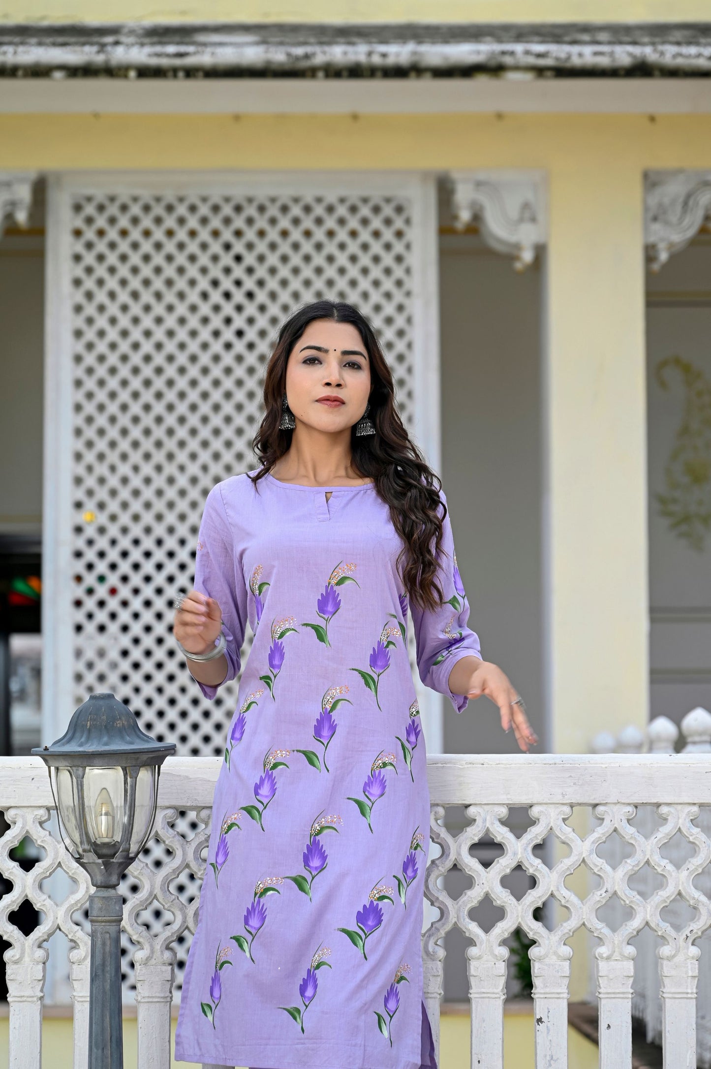 Cotton Lavender Blue Hand Brush Painted Kurta & Pant Sets