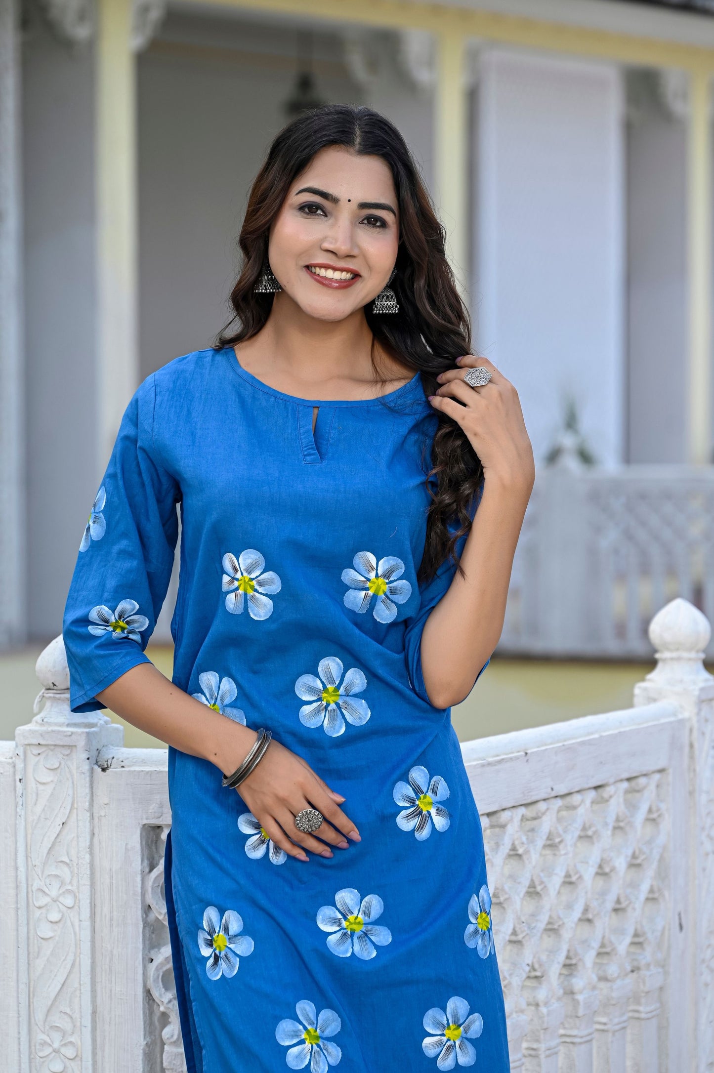 Cotton Saphire Blue Hand Brush Painted Kurta & Pant Sets