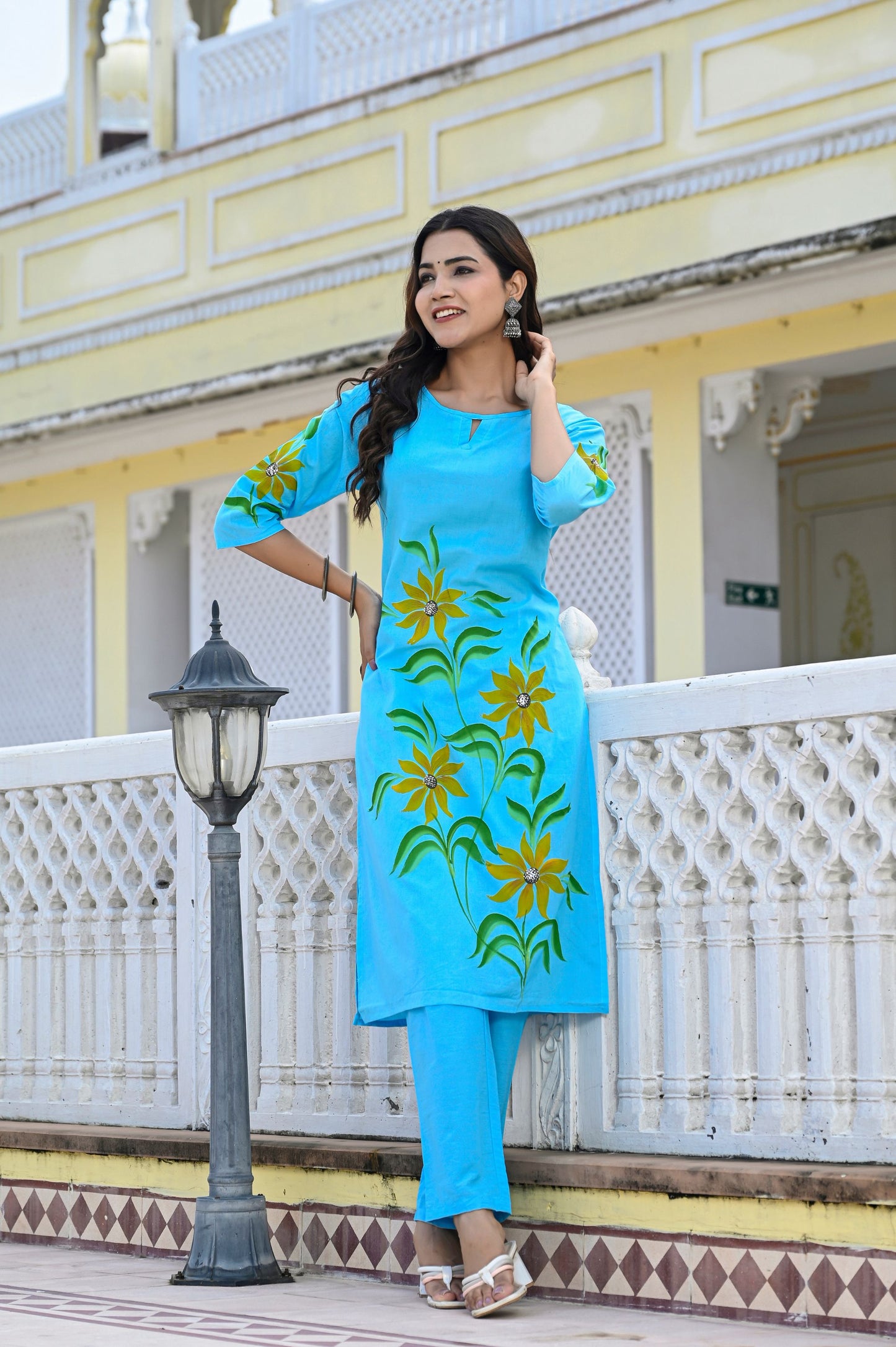 Cotton Ocean Blue Hand Brush Painted Kurta & Pant Sets