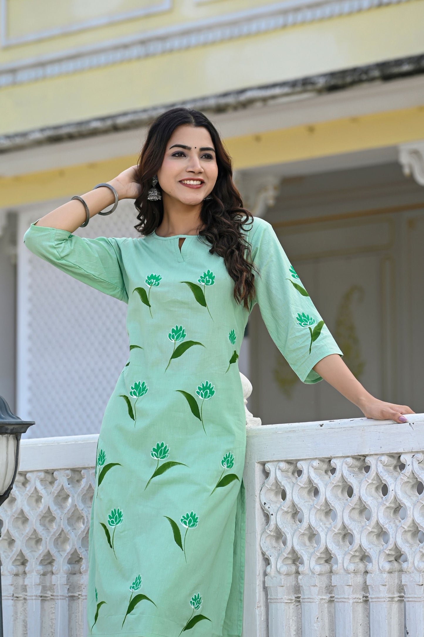 Cotton Seafoam Green Hand Brush Painted Kurta & Pant Sets