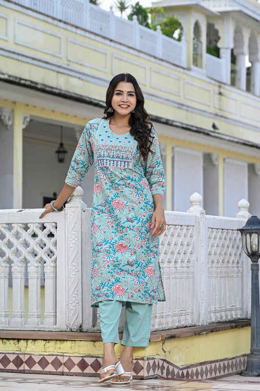 Jaipuri Printed Floral Pure Cotton Readymade Kurta & Pant Set