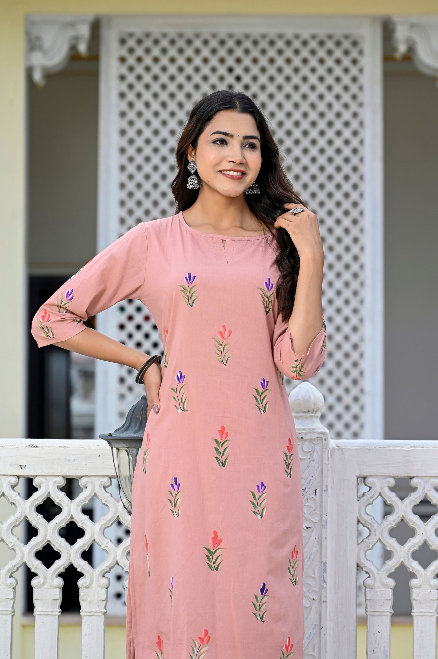Cotton Peach Bud Hand Brush Painted Kurta & Pant Sets