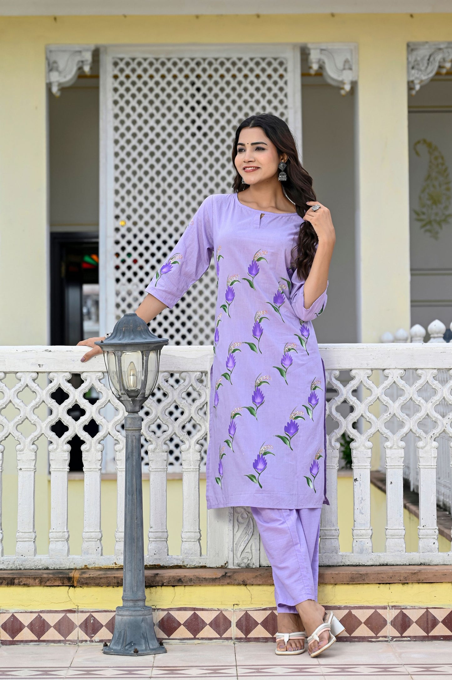 Cotton Lavender Blue Hand Brush Painted Kurta & Pant Sets