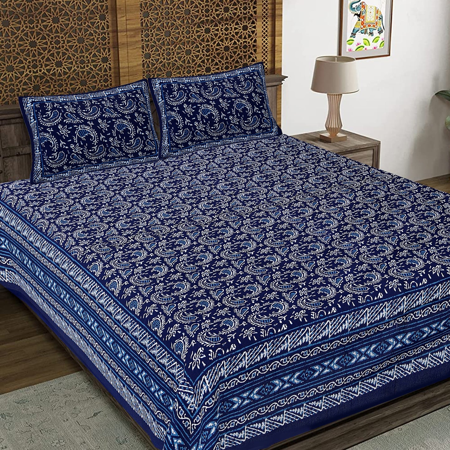 Paisley Jaal Blue King Size 100% Cotton Bedsheets