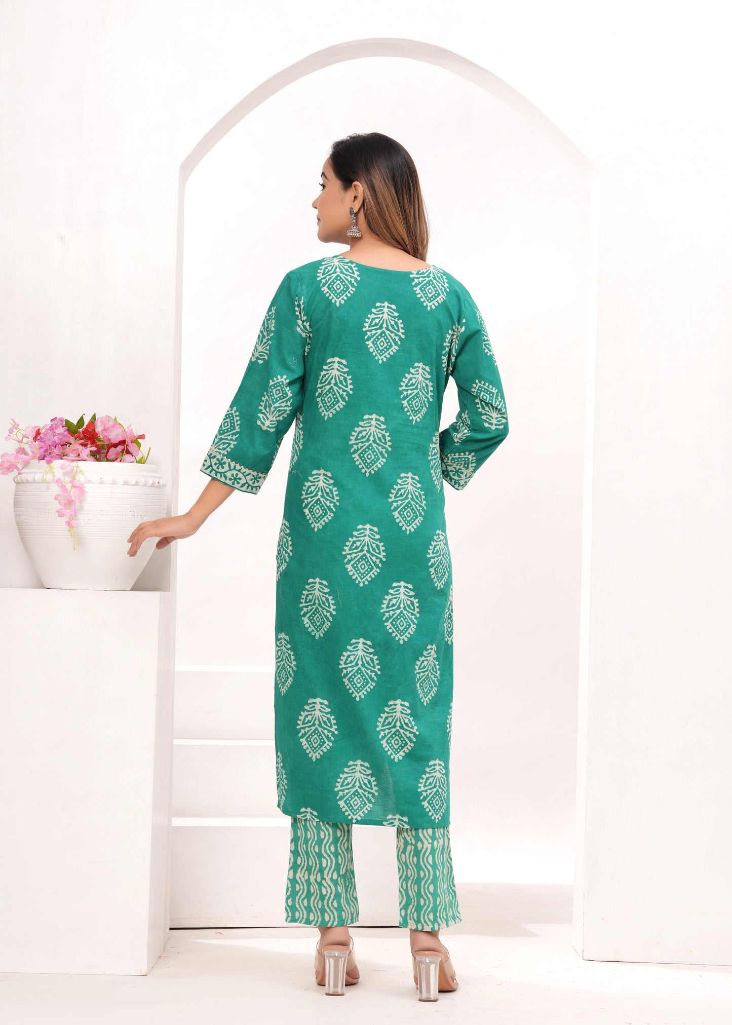 Sea Green Batik Hand Block Printed Cotton Suit Set