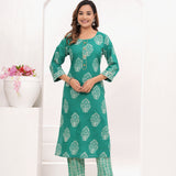 Sea Green Batik Hand Block Printed Cotton Suit Set