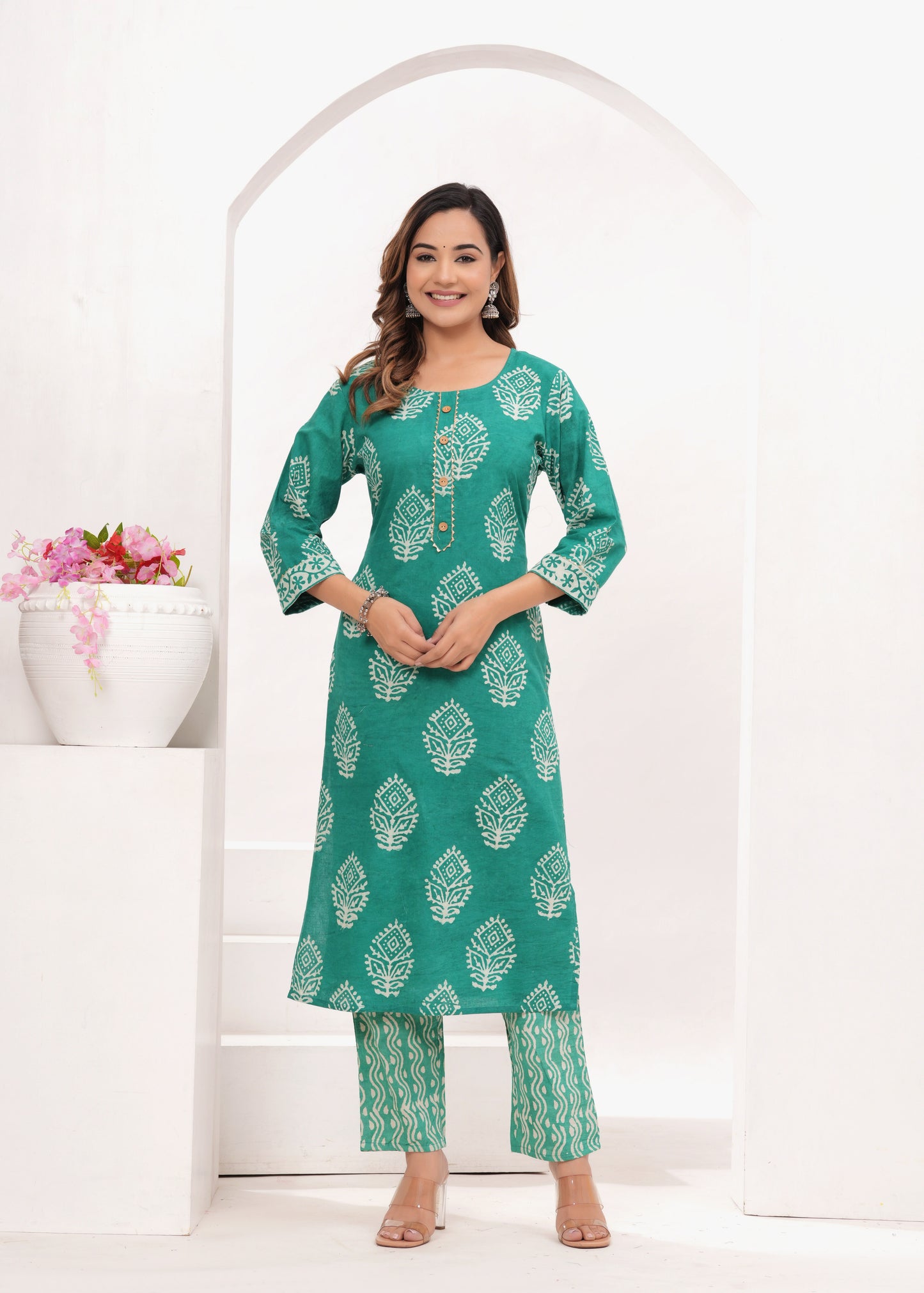 Sea Green Batik Hand Block Printed Cotton Suit Set
