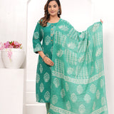 Sea Green Batik Hand Block Printed Cotton Suit Set