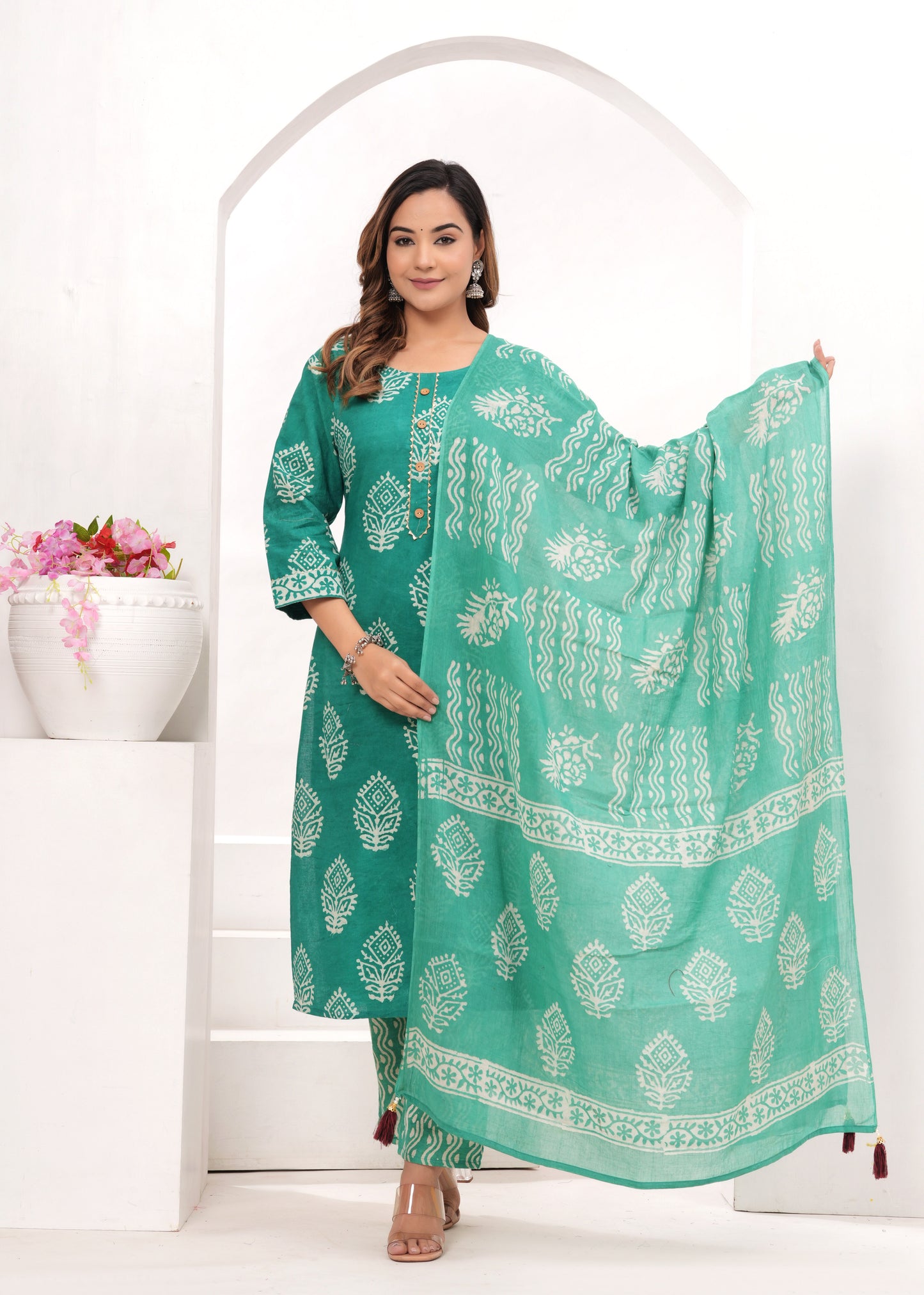 Sea Green Batik Hand Block Printed Cotton Suit Set