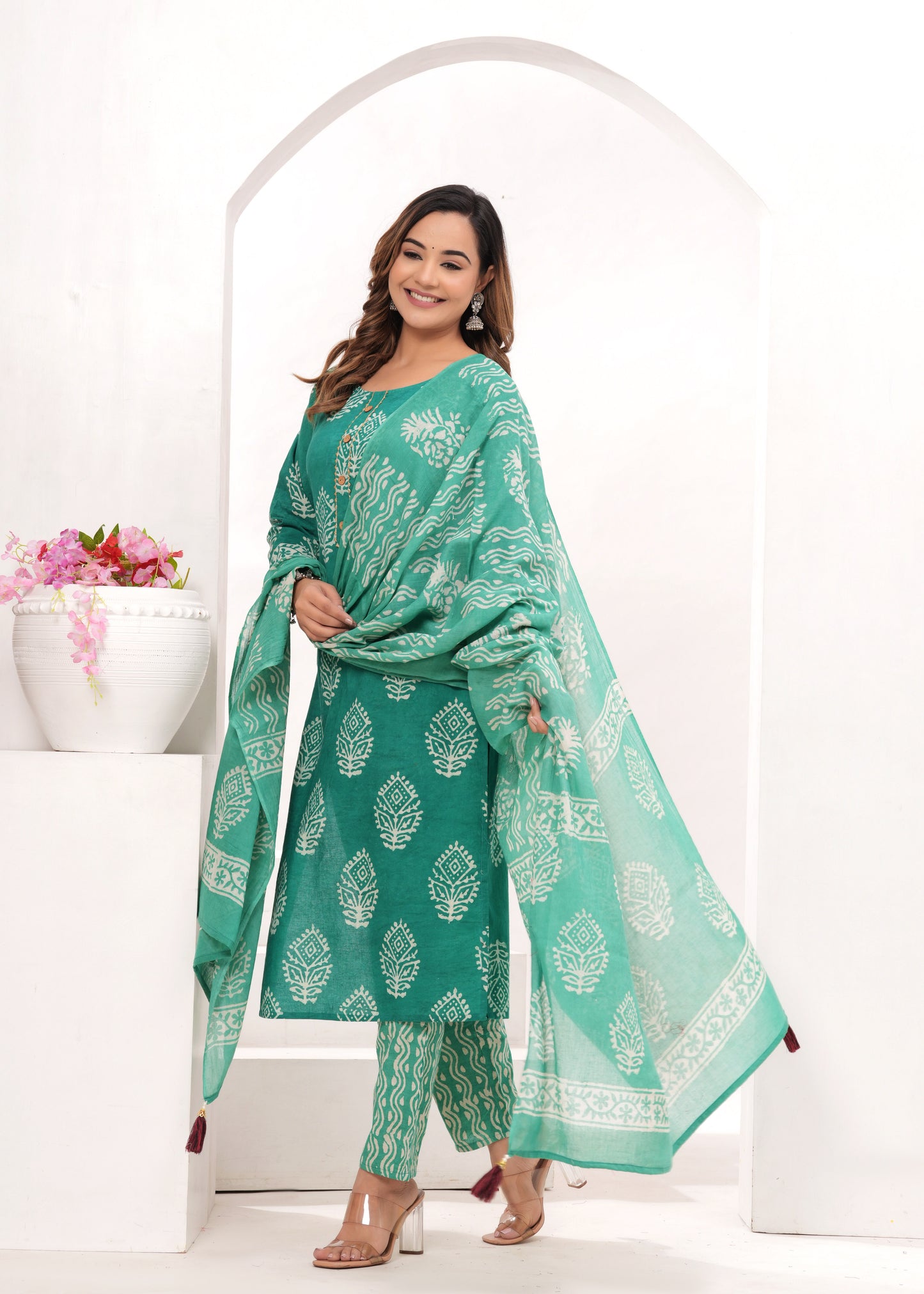 Sea Green Batik Hand Block Printed Cotton Suit Set