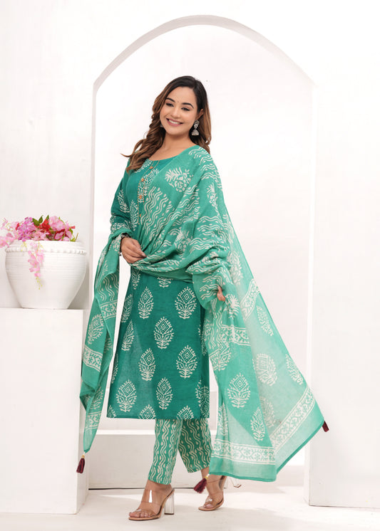Sea Green Batik Hand Block Printed Cotton Suit Set