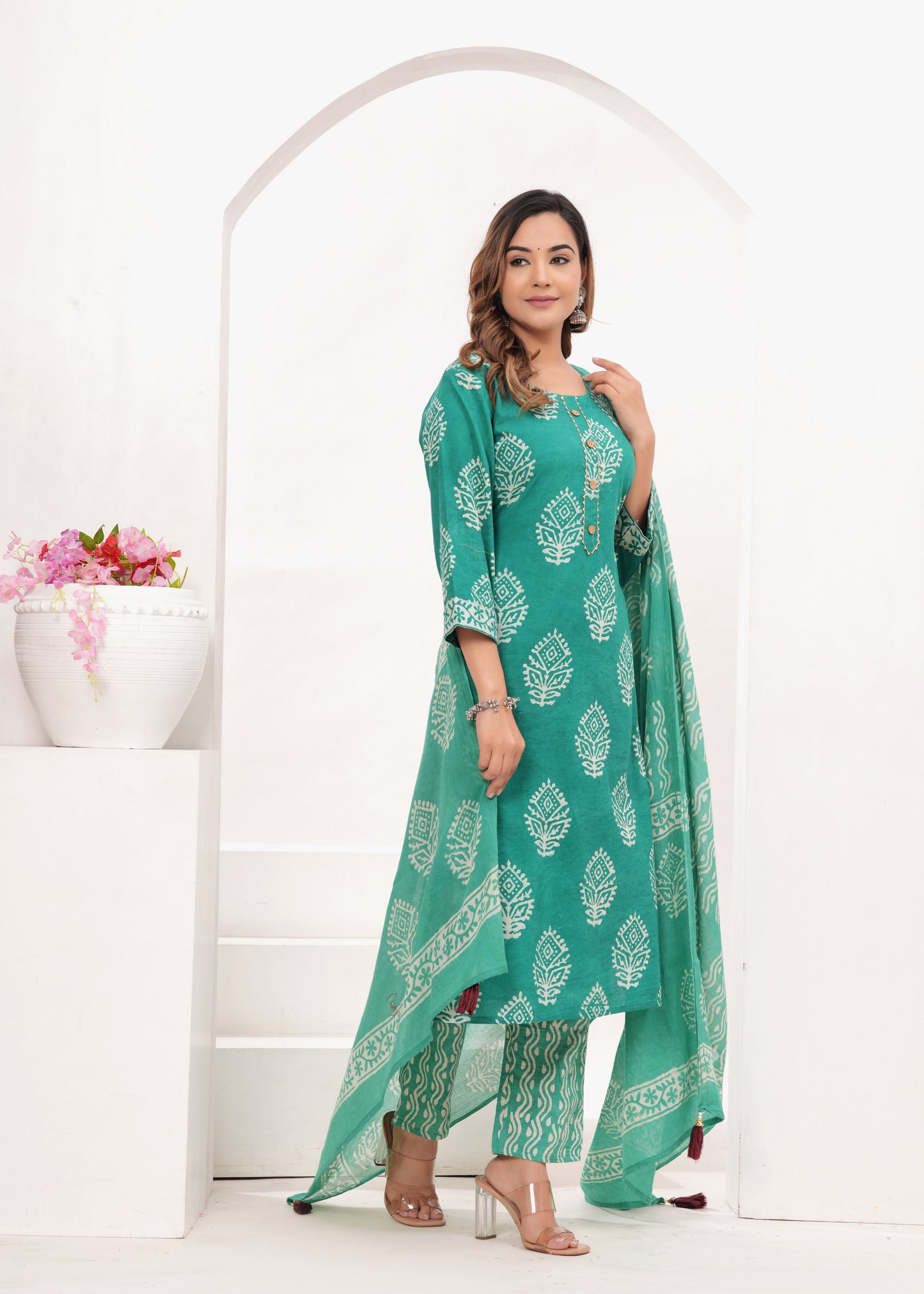 Sea Green Batik Hand Block Printed Cotton Suit Set