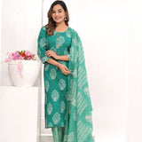 Sea Green Batik Hand Block Printed Cotton Suit Set