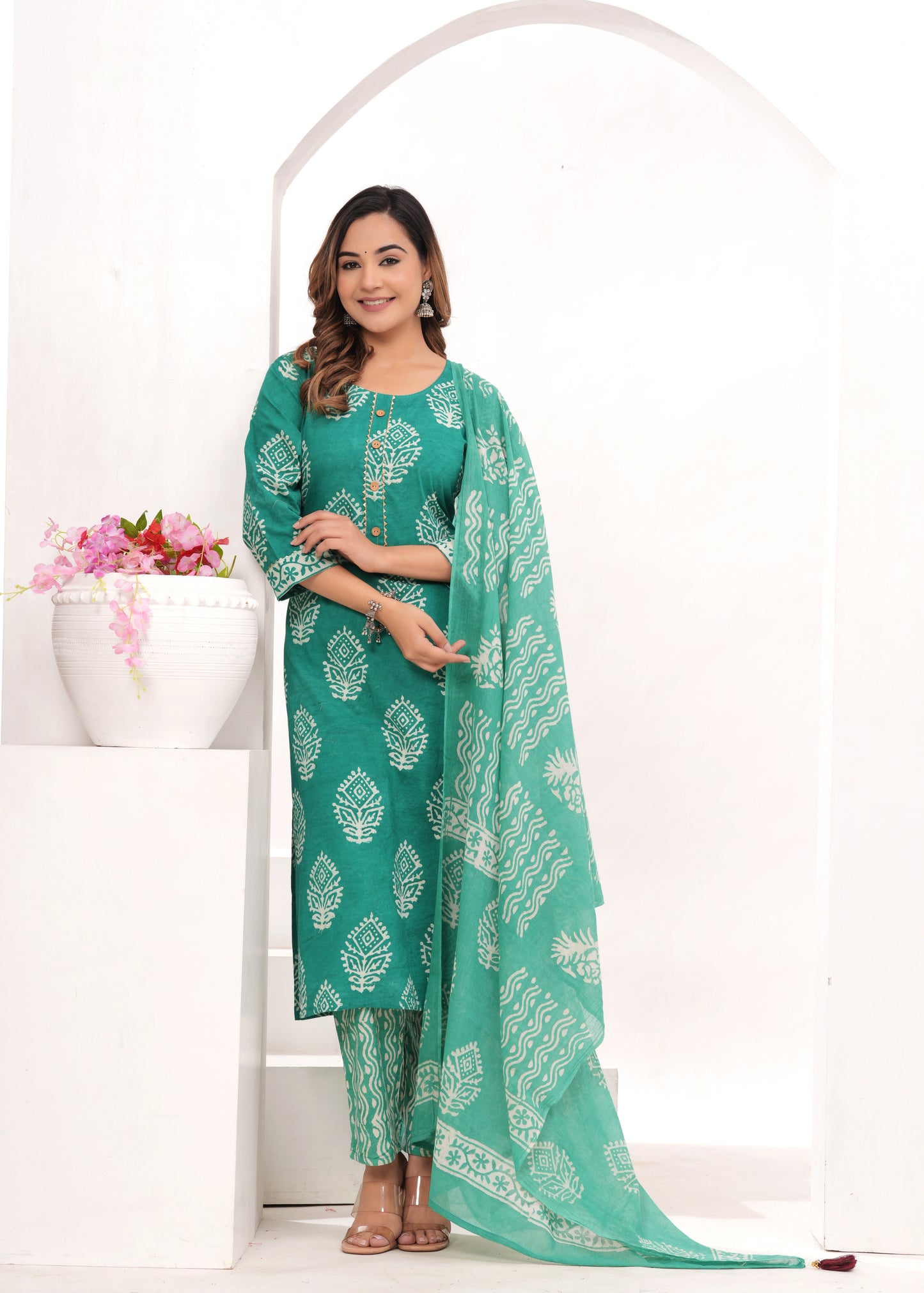 Sea Green Batik Hand Block Printed Cotton Suit Set
