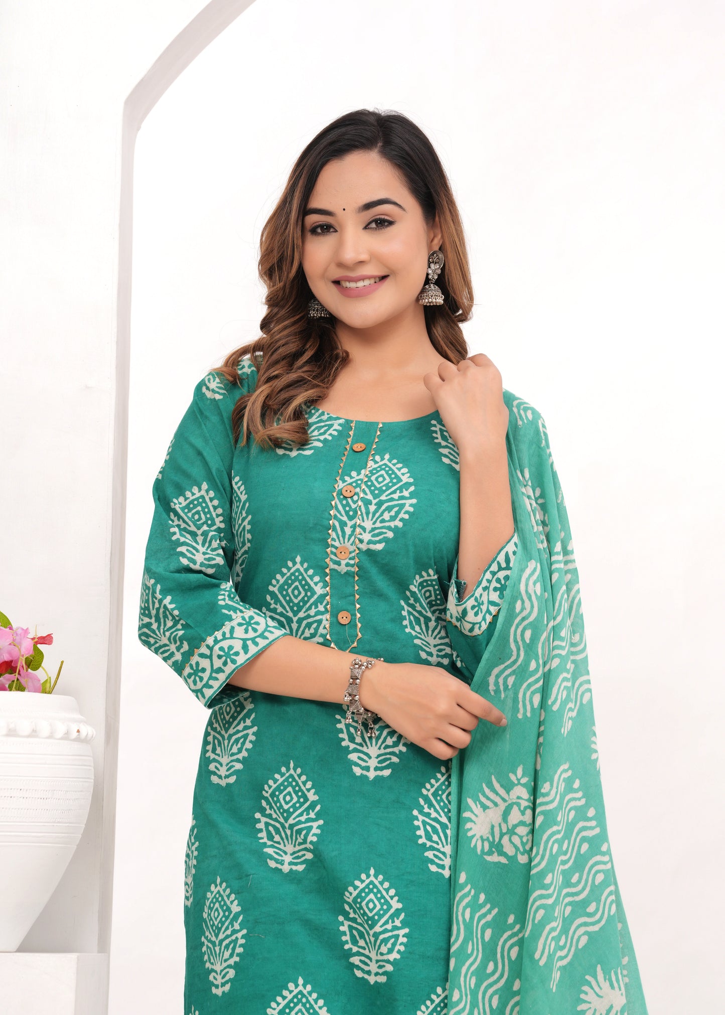 Sea Green Batik Hand Block Printed Cotton Suit Set