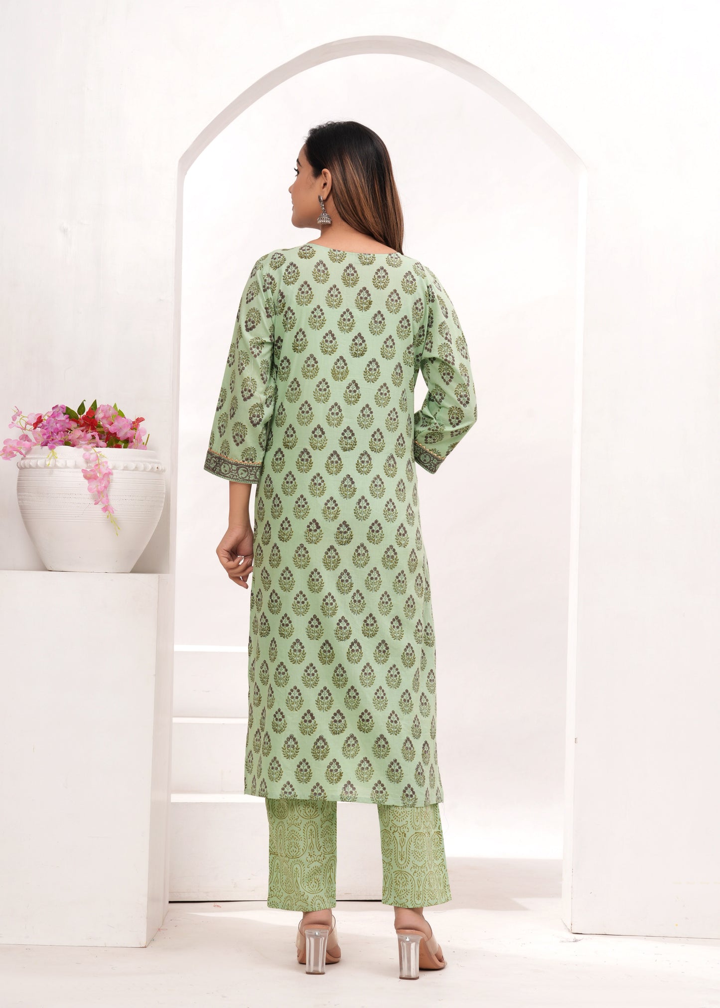 Pista Hand Block Printed Cotton Suit Set