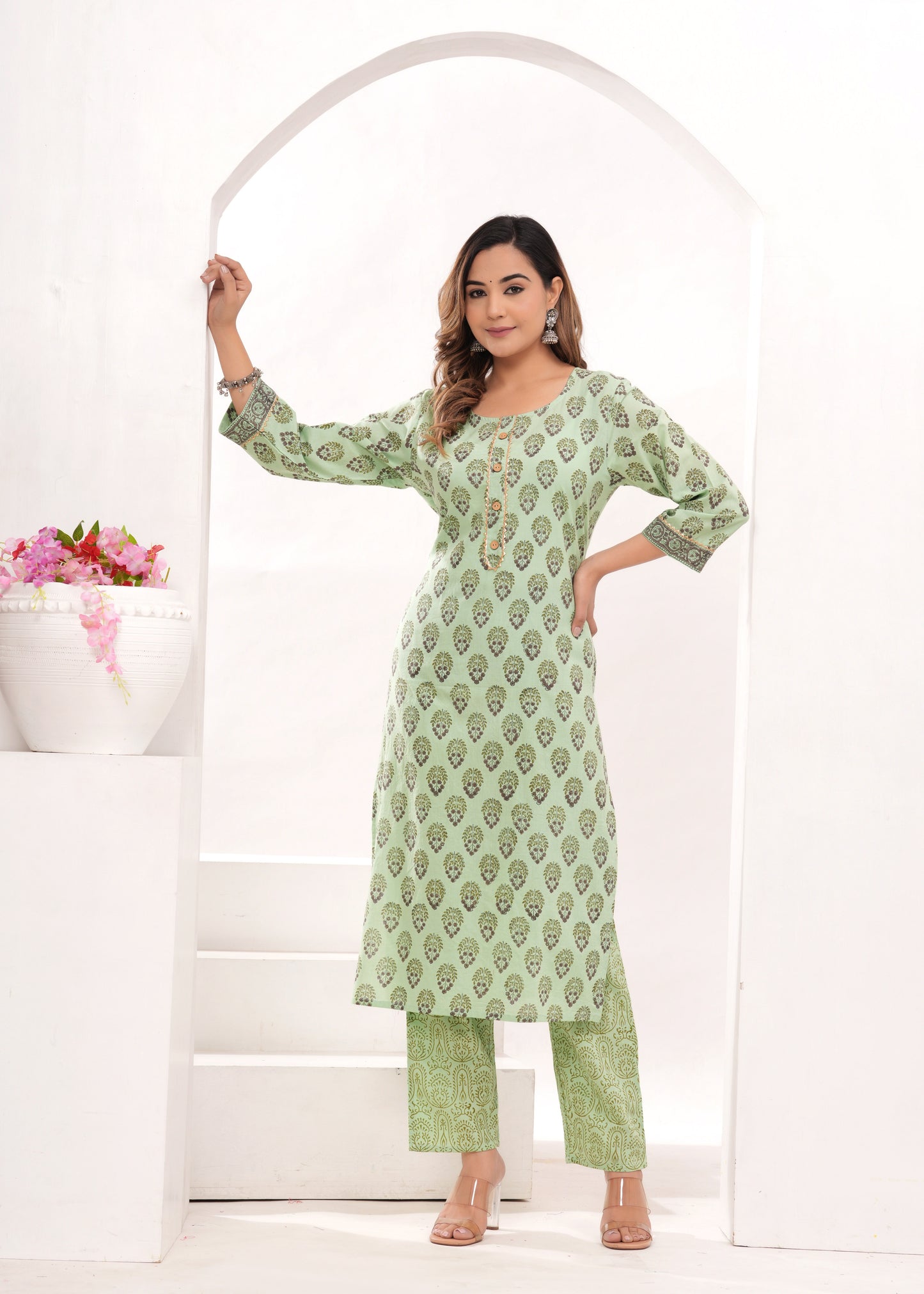 Pista Hand Block Printed Cotton Suit Set