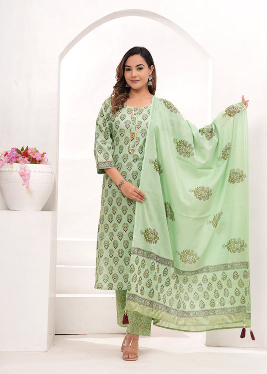 Pista Hand Block Printed Cotton Suit Set