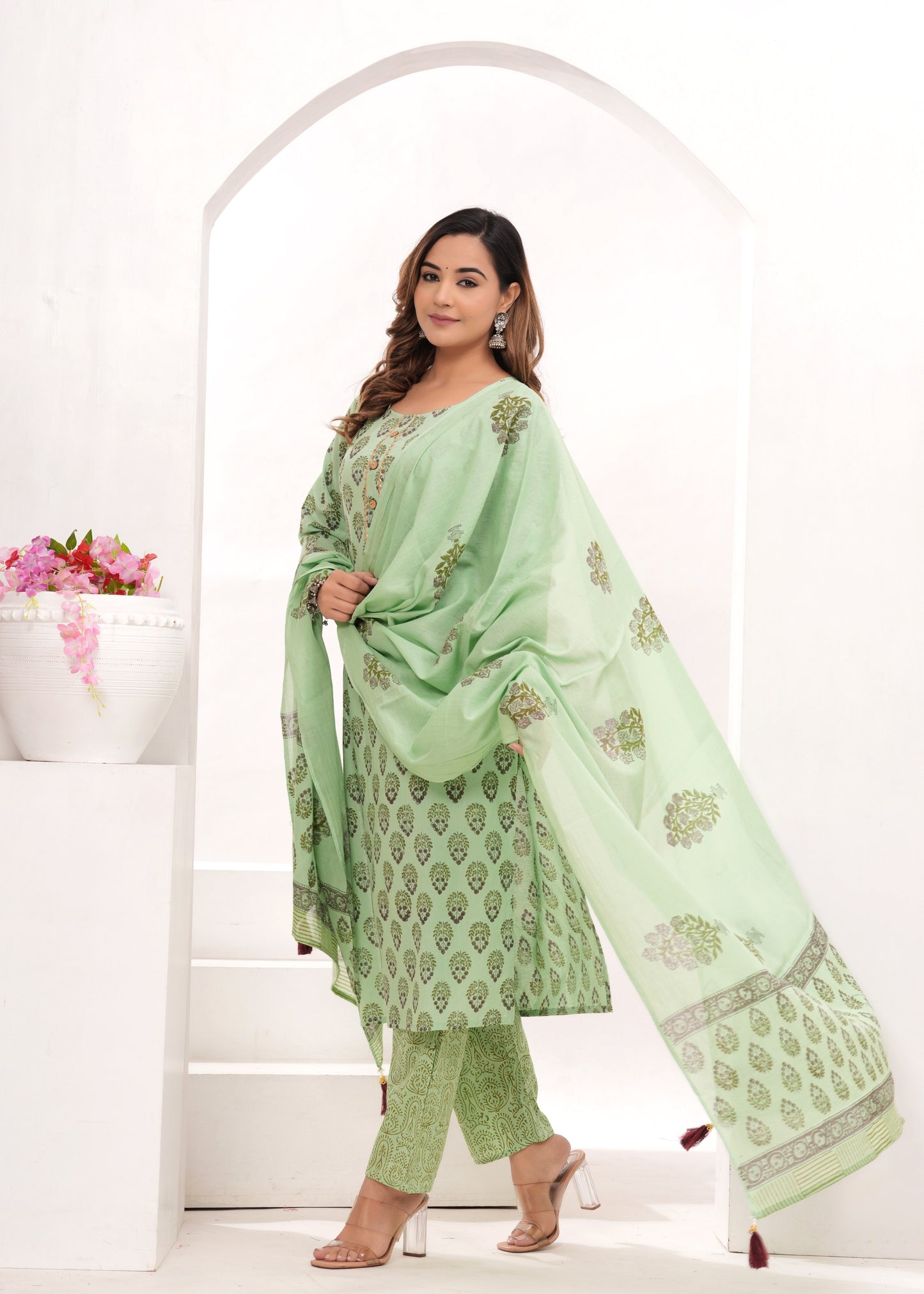 Pista Hand Block Printed Cotton Suit Set