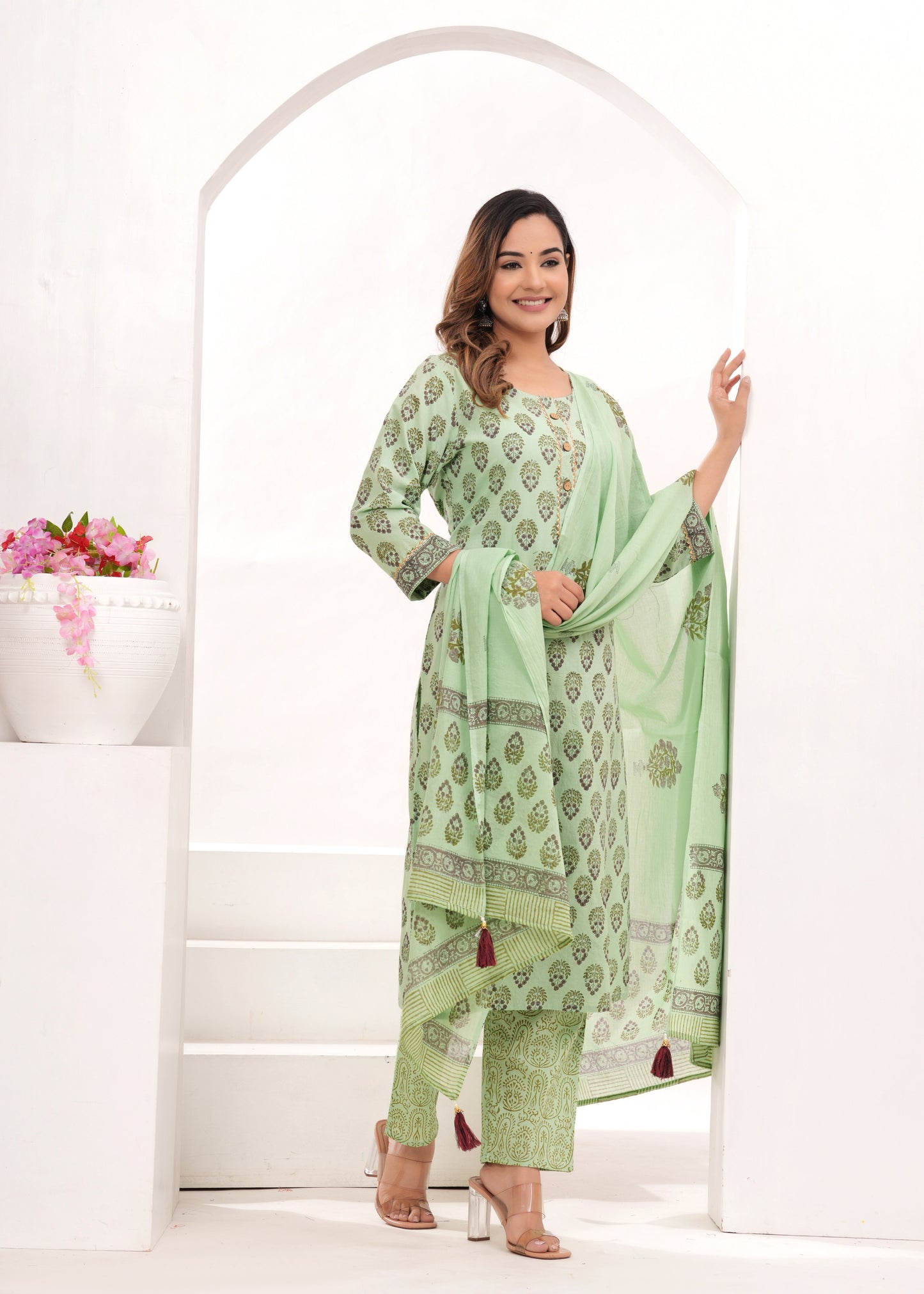 Pista Hand Block Printed Cotton Suit Set