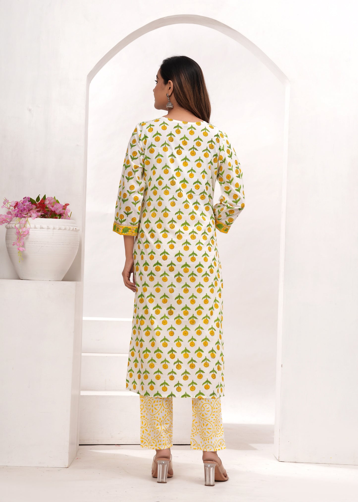 Yellow Butti Hand Block Printed Cotton Suit Set