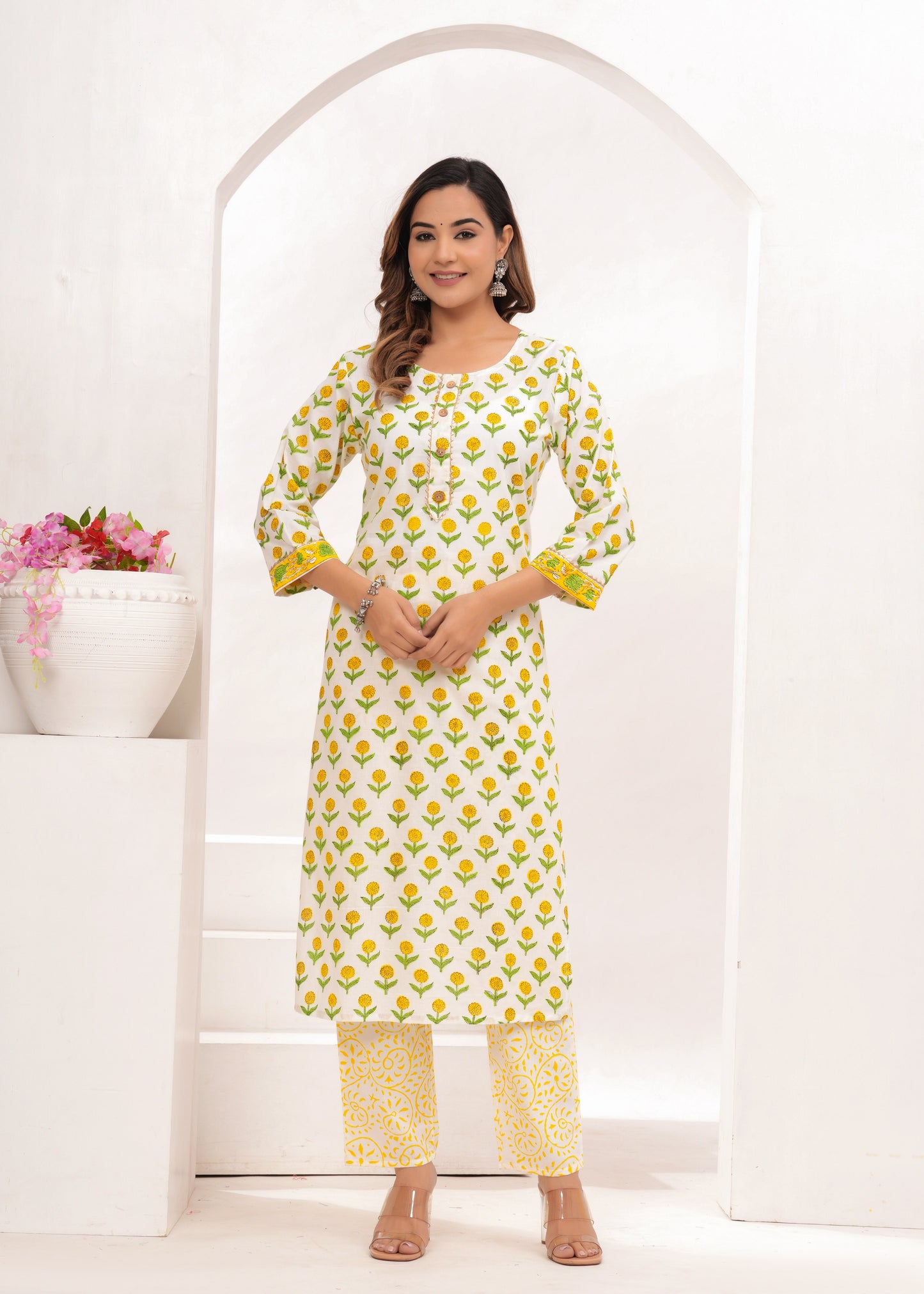 Yellow Butti Hand Block Printed Cotton Suit Set