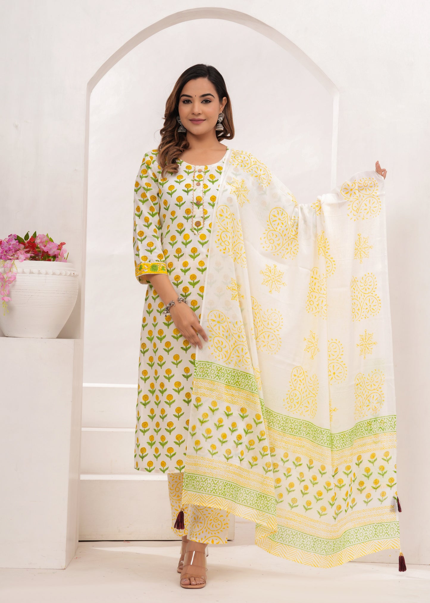Yellow Butti Hand Block Printed Cotton Suit Set